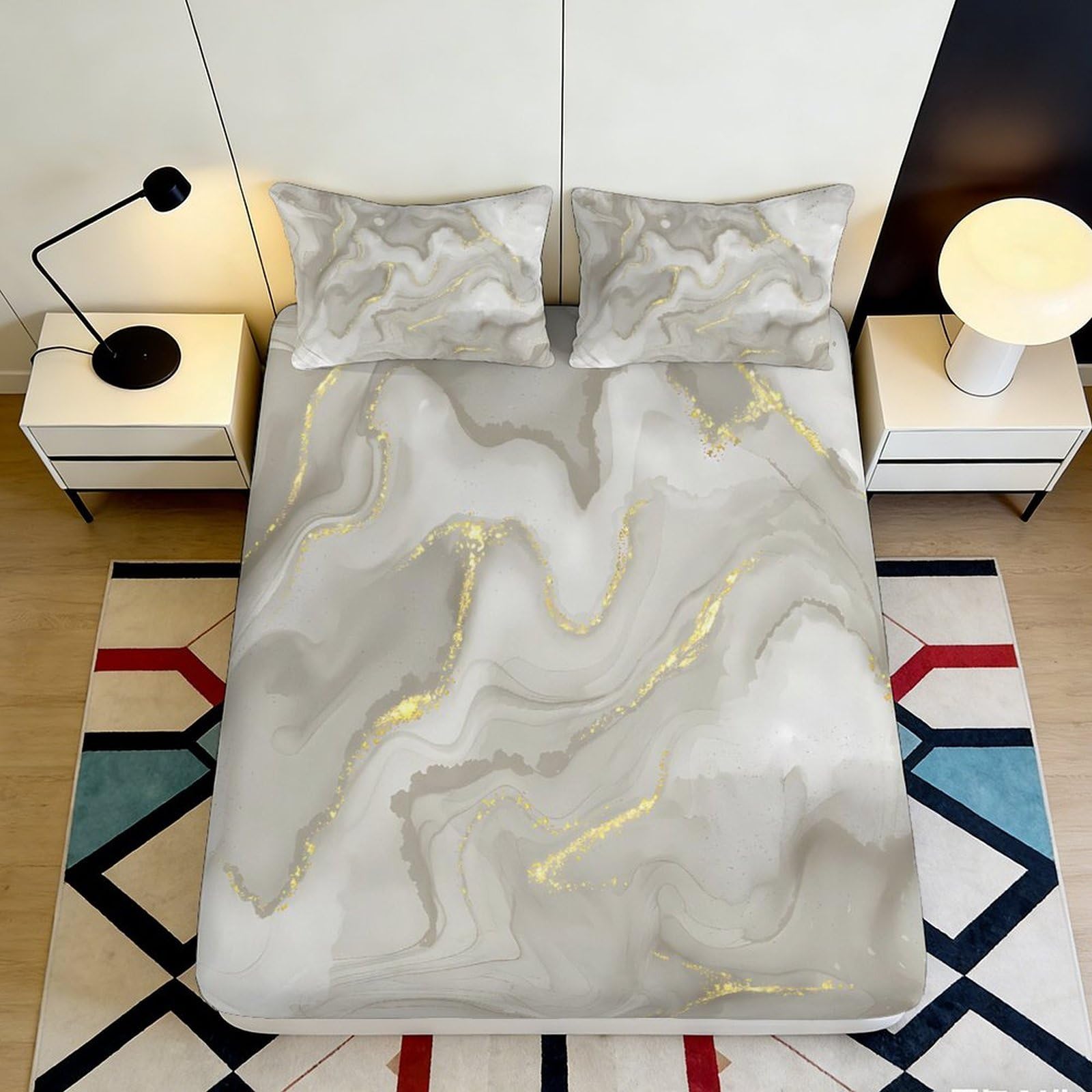 Jqzkxnhpbr Style-4 3D Printed Marble Gold Vein Fitted Sheet Microfiber Soft Grey Abstract Bed Cover For Bedroom Guestroom Decor 90X200x25cm