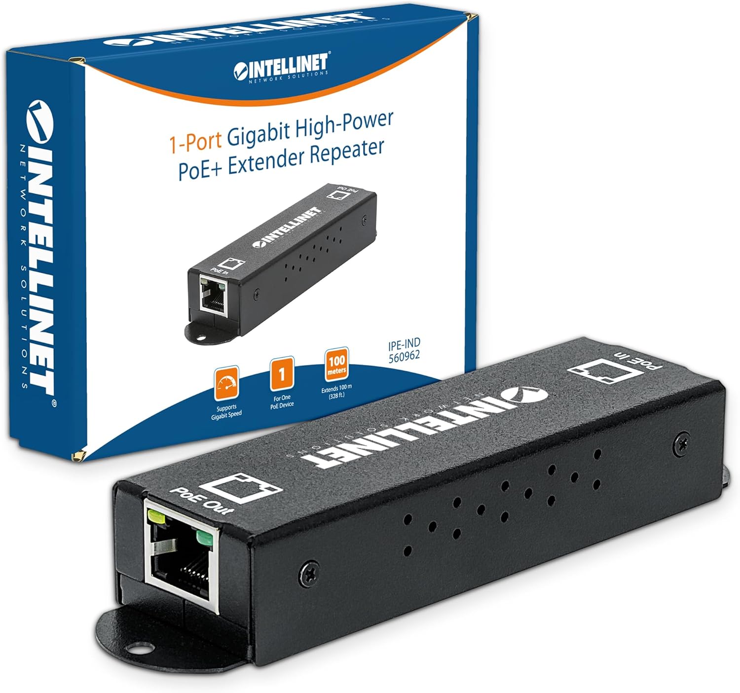 Intellinet 1-Port Indoor Gigabit PoE+ Extender Repeater – 25W Power Budget via Cat5e Cat6 RJ45 Ethernet Network Cables, Daisy-Chain – 3 Yr Mfg Warranty - 560962