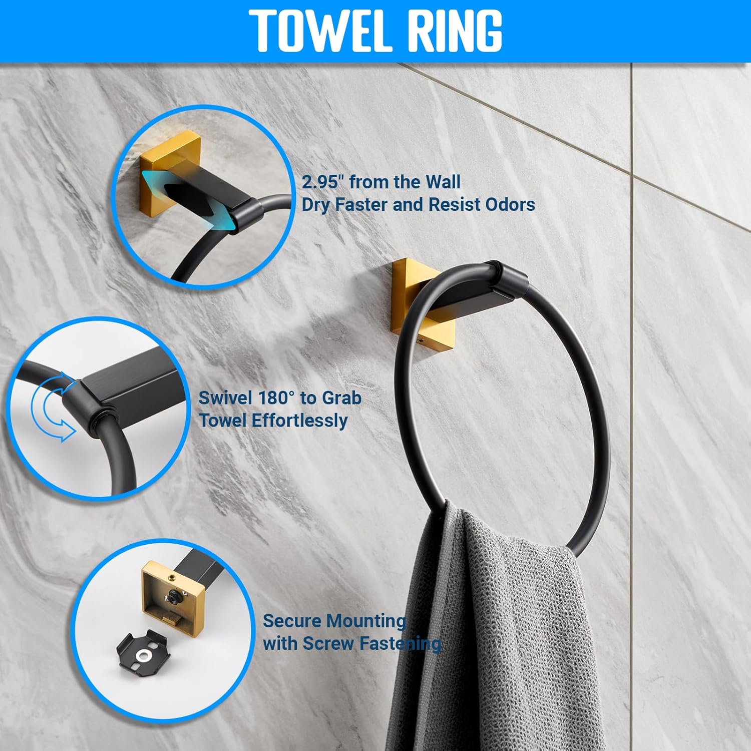 Miyili 5-Piece SUS304 Stainless Steel Bathroom Hardware Kit - Incould 30" Double Towel Bar, 5" Toilet Paper Holder, Towel Ring, 2 x Robe Hooks, Bathroom Accessories Set Wall Mount, Matte Black & Gold