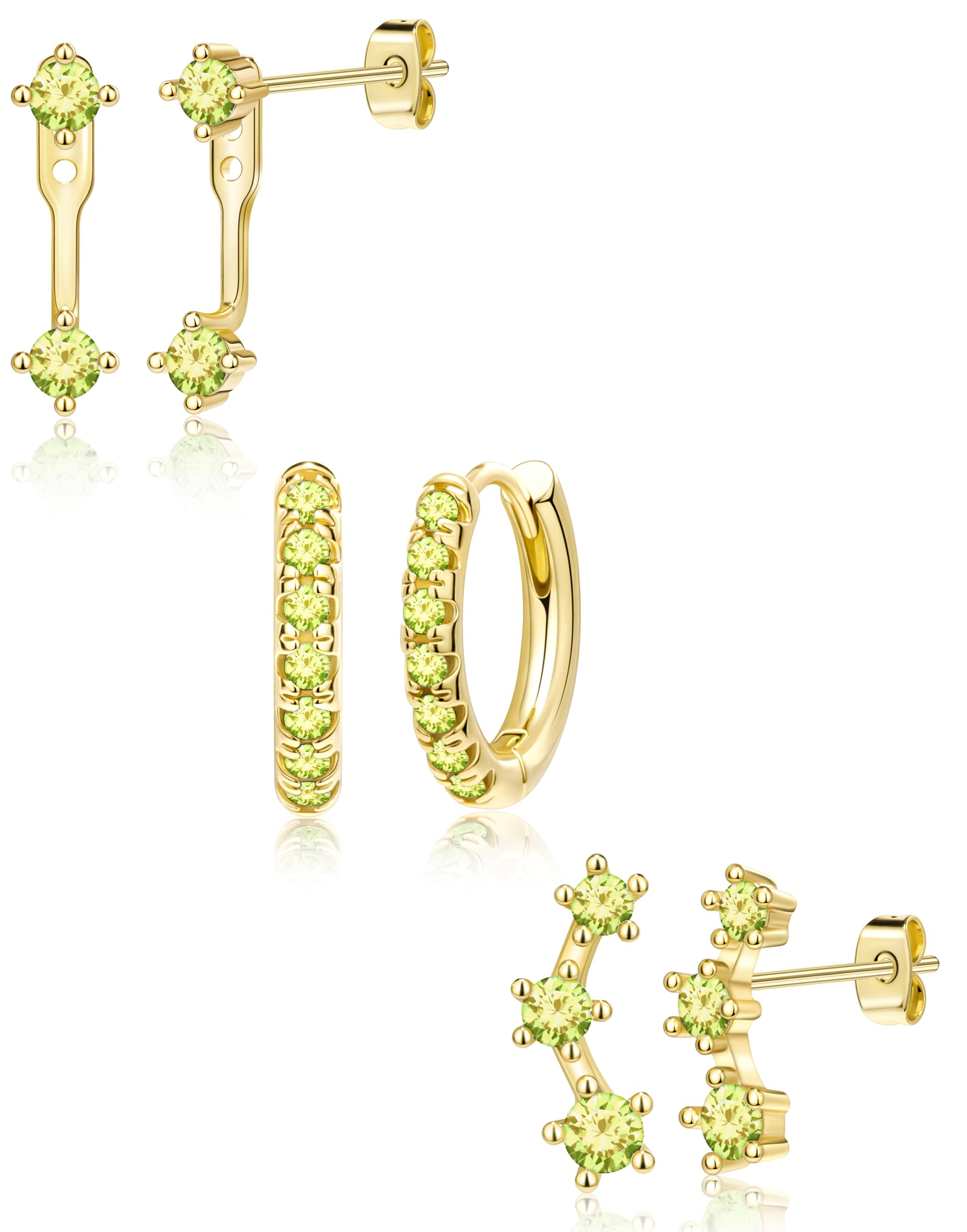 Trendy Small Earrings Stack for Women, 3 Pairs Gold Plated Hypoallergenic Dainty Cute Stud Huggie Jacket Set, Women Fashion Accessories Holiday Birthstone Western Jewelry Christmas Gifts
