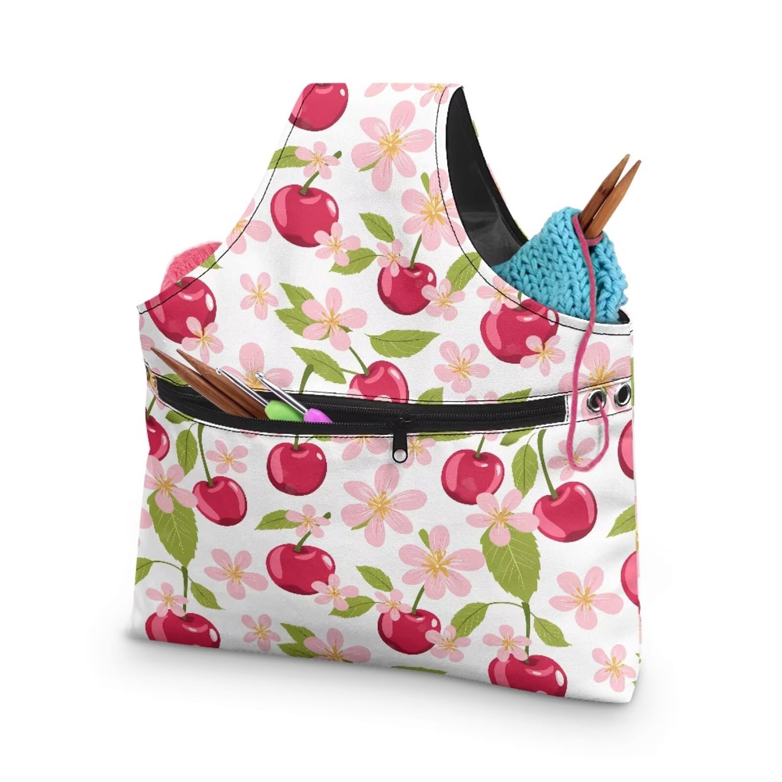 ASQVTUFE Cherry Yarn Bags for Crocheting On The Go Needlework Tool Tote Bag Fruit Crochet Bags for Women Small Knitting Needles Crochet Accessories Stylish Crochet Bags for Crocheting Project