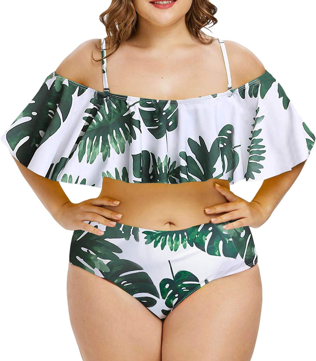 Women's Turquoise Plus Size Floral Print Ruffles High Waist Swimsuit XL