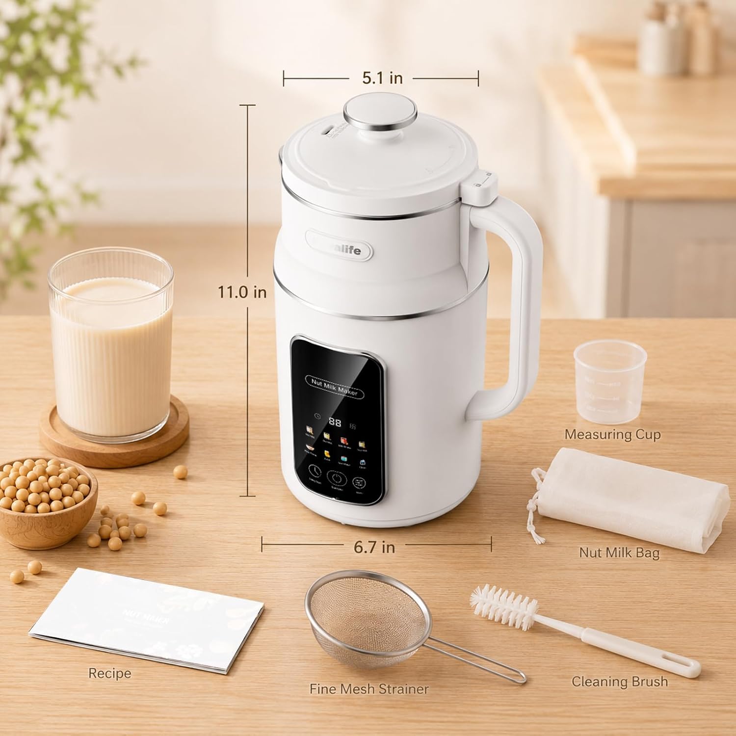 8-in-1 Nut Milk Maker Multi-Functional Soy Milk Maker with Large Touch Display for Nuts, Oat, Soy, Juice & Smoothie, Large Capacity Blender 12H Delay/Keep Warm/Self Cleaning, White