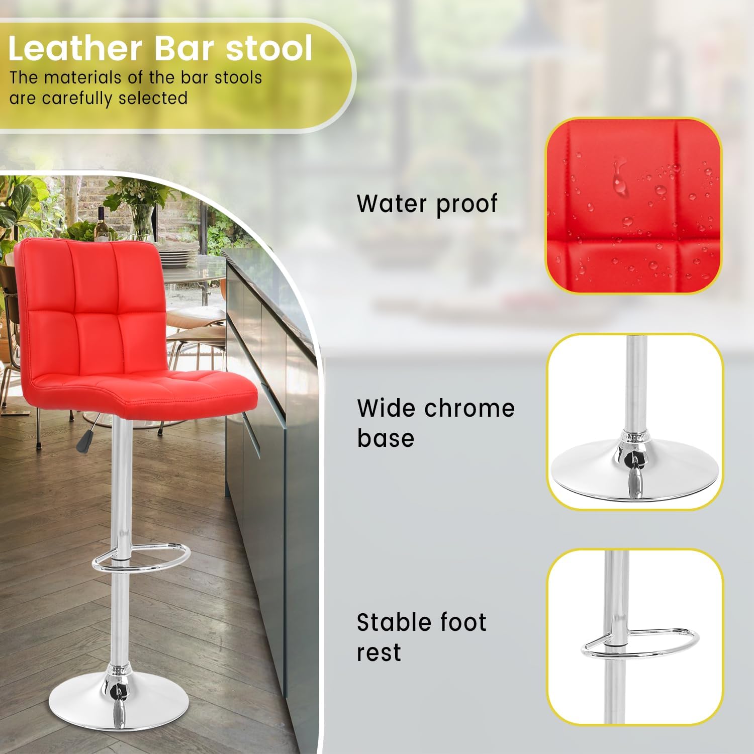 Dopinmin Counter Bar Stools Set of 2 Barstools Swivel Stool Height Adjustable Bar Chairs with Back PU Leather Swivel Bar Stool Kitchen Counter Stools Dining Chairs,Red, BC-06-Red