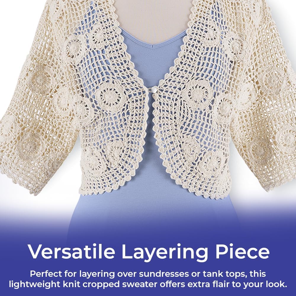 Crocheted Shrug, Women’s Lightweight Knit Cropped Sweater, Short Sleeve Bolero Cardigan, Casual Elegant, Button Front