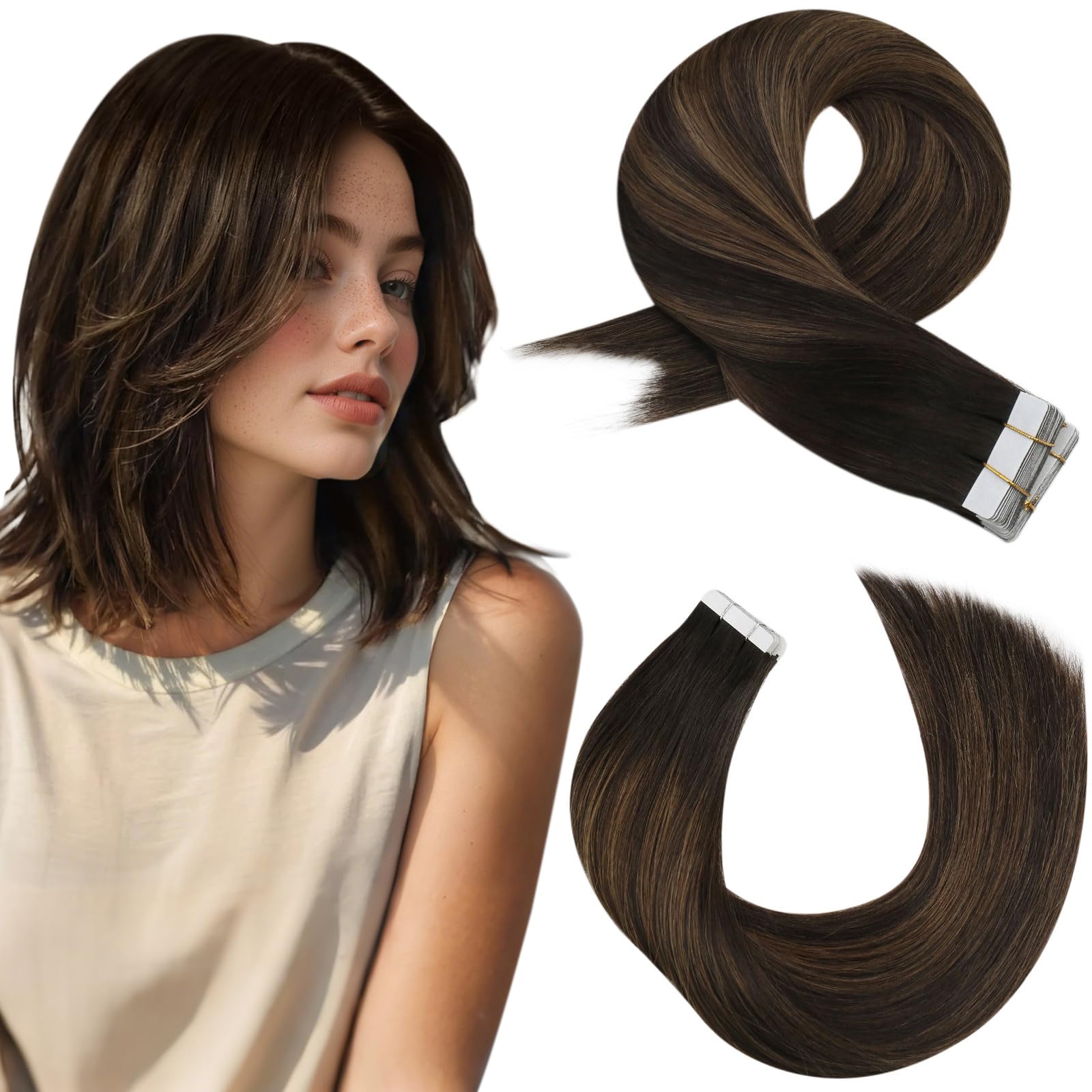 Moresoo Tape in Hair Extensions Human Hair 100g Balayage Darkest Brown with Chestnut Brown Human Hair Tape in Extensions Remy Straight Short Length Hair 14 Inch 40 Pieces #2/2/6