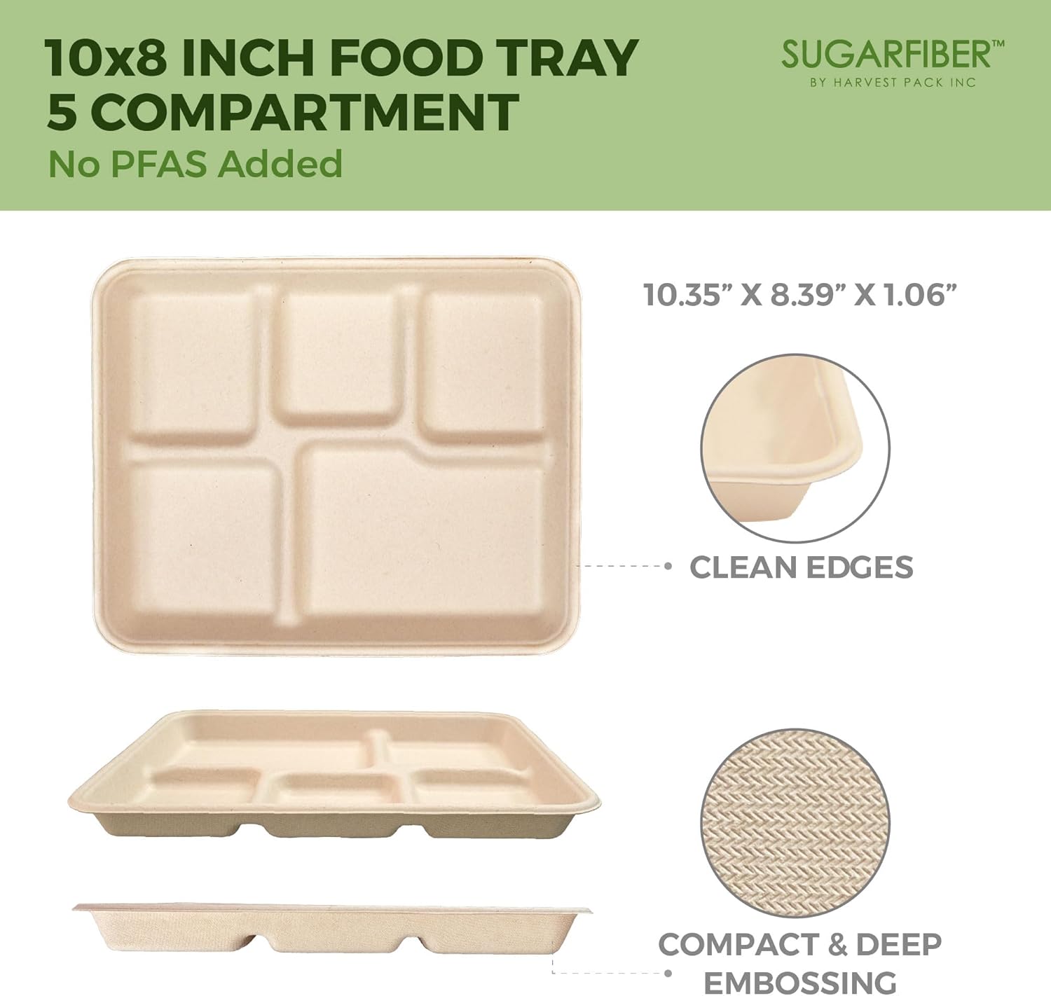 [400 Count]Sugarfiber 10" x 8" Compostable Shallow 5 Compartment Paper Plates School Lunch Tray, Bagasse Disposable Divided Sectional Platter Serving Trays for Lunch, Eco-Friendly No PFAS Added