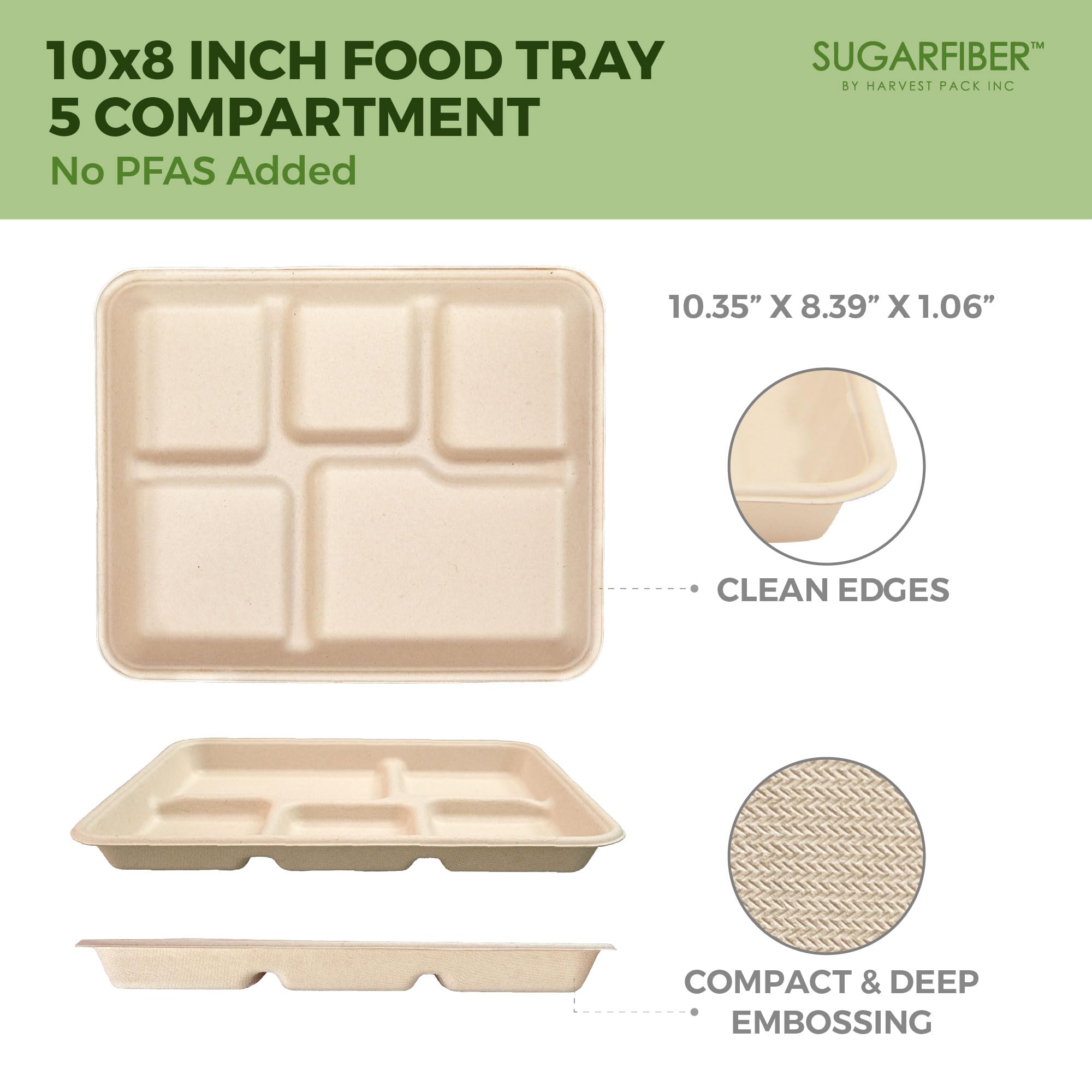 [100 unidades] Harvest Pack Bandeja de alimentos de 10 x 8 pulgadas, 5 compartimentos sin PFAS, bandejas desechables para servir bagazo, rectangulares, hechas de fibras vegetales ecológicas de caña de