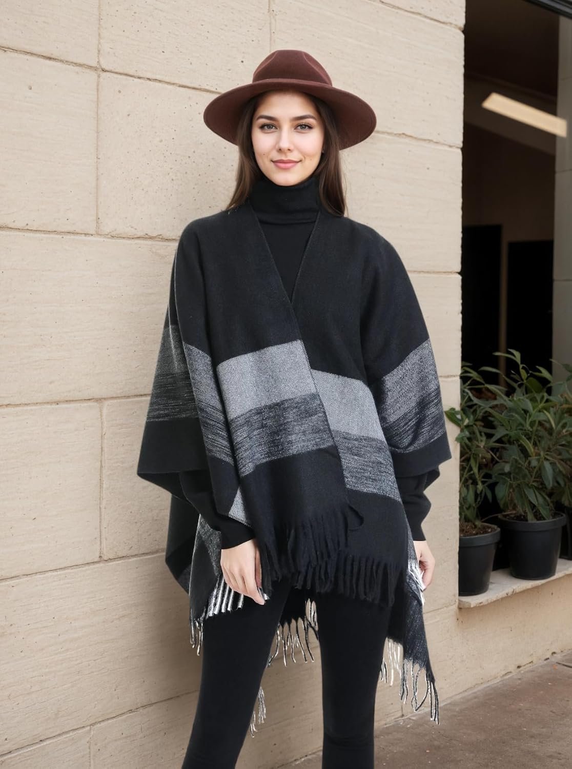 Women's Shawl Wraps Open Front Poncho Cape Tassel Oversized Sweater Winter Scarf Casual Cardigan Shawls - Image 3