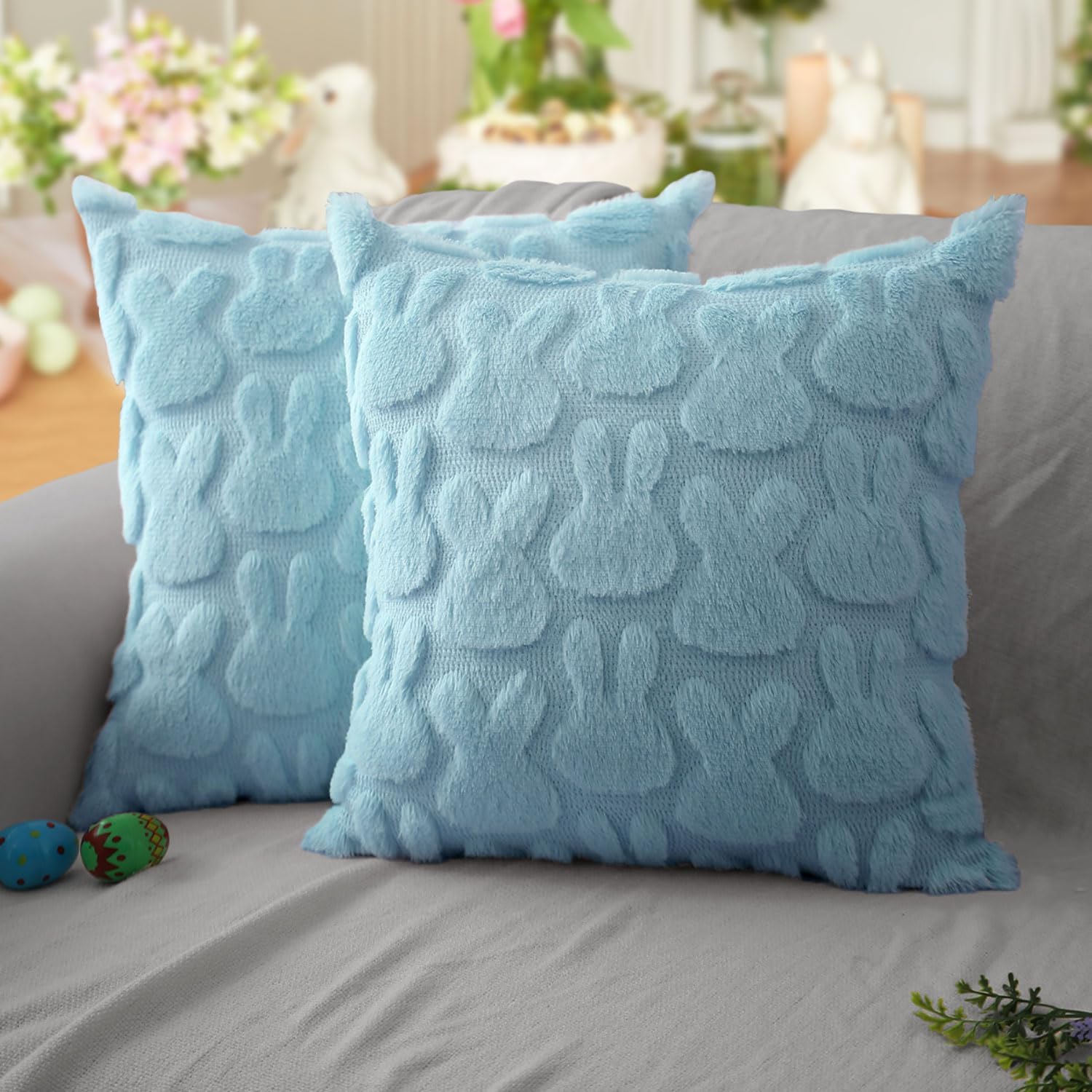 DFXSZ Easter Pillow Covers 20x20 inch Set of 2 Easter Decoration Blue Rabbit Soft Plush Faux Fur Jacquard Throw Pillows for Bedroom Sofa Holiday Festivals Home Decor FHJ-010D20