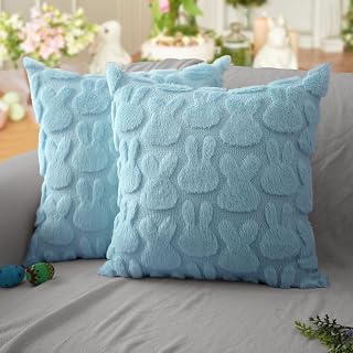 DFXSZ Easter Pillow Covers 20x20 inch Set of 2 Easter Decoration Blue Rabbit Soft Plush Faux Fur Jacquard Throw Pillows for Bedroom Sofa Holiday Festivals Home Decor FHJ-010D20
