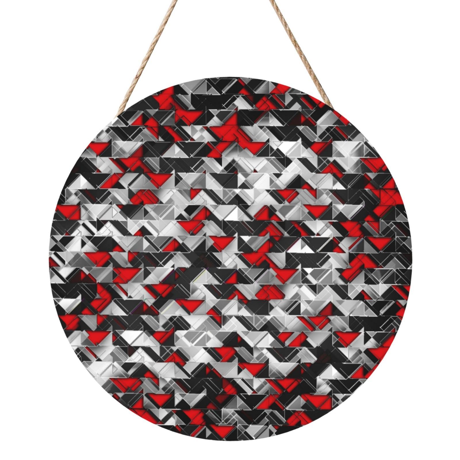 InOmak Geometric Explosion Black And Red, Round Wood Panel Painting 12 in, Wall Hanging Painting For Home