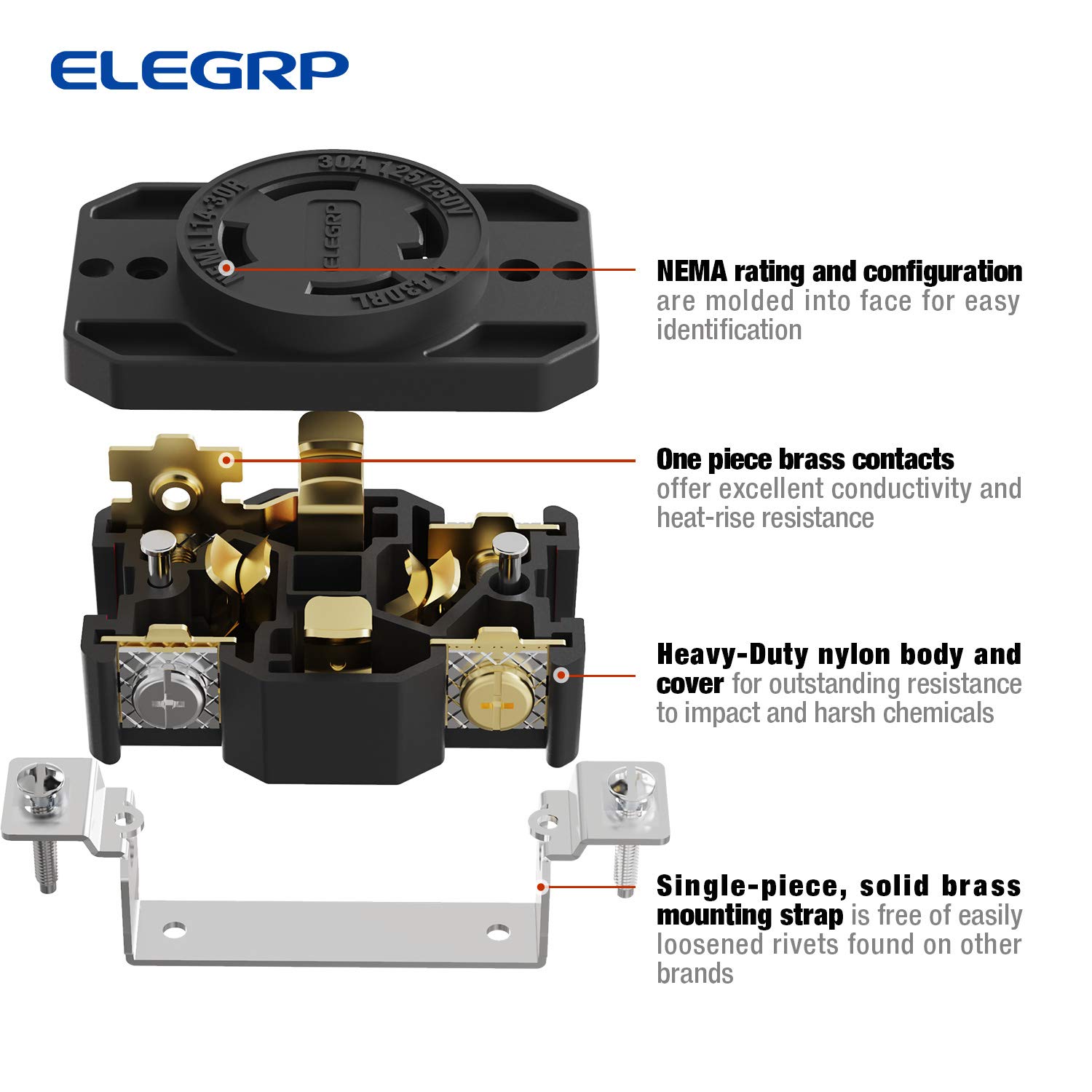 ELEGRP NEMA L14-30P & NEMA L14-30R Locking Plug and Receptacle, Generator Twist Lock Plug & Socket/Outlet, 30 Amp 125/250V 3 Pole 4 Wire Grounding, Industrial Grade Heavy Duty, UL Listed (1 Set)