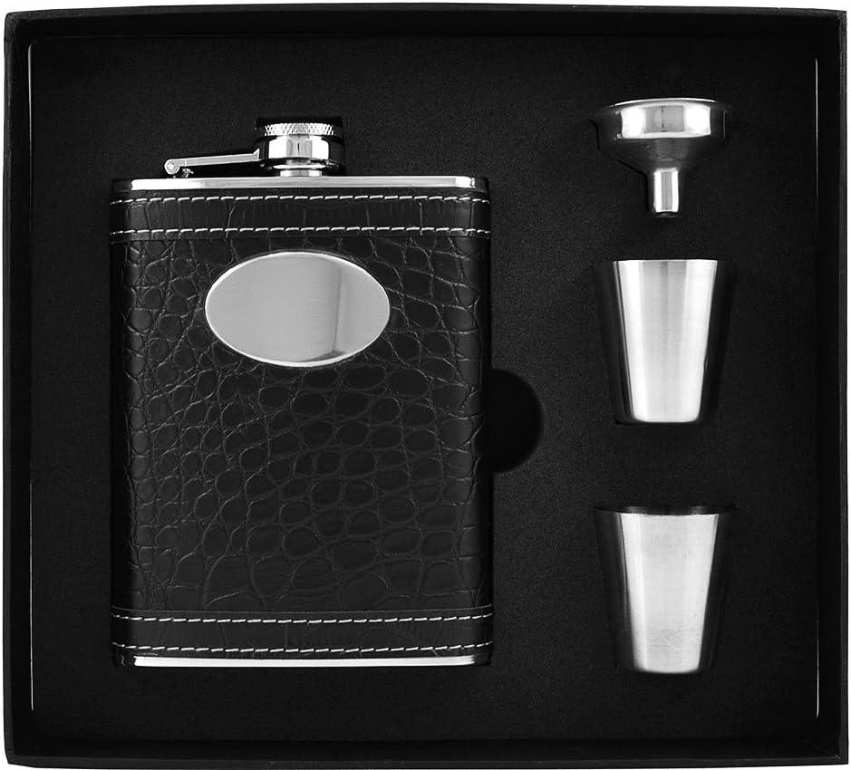 Personalized Set Leather Wrap 8oz Stainless Steel Flask, Funnel and Shot Glass Groomsman Gift - Engraved