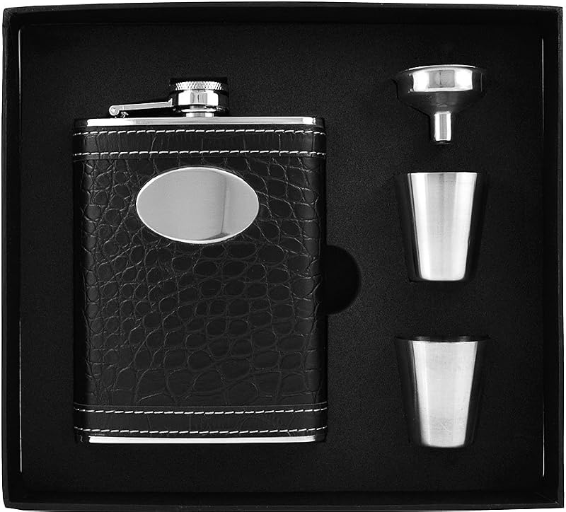 Personalized Set Leather Wrap 8oz Stainless Steel Flask, Funnel and Shot Glass Groomsman Gift - Engraved