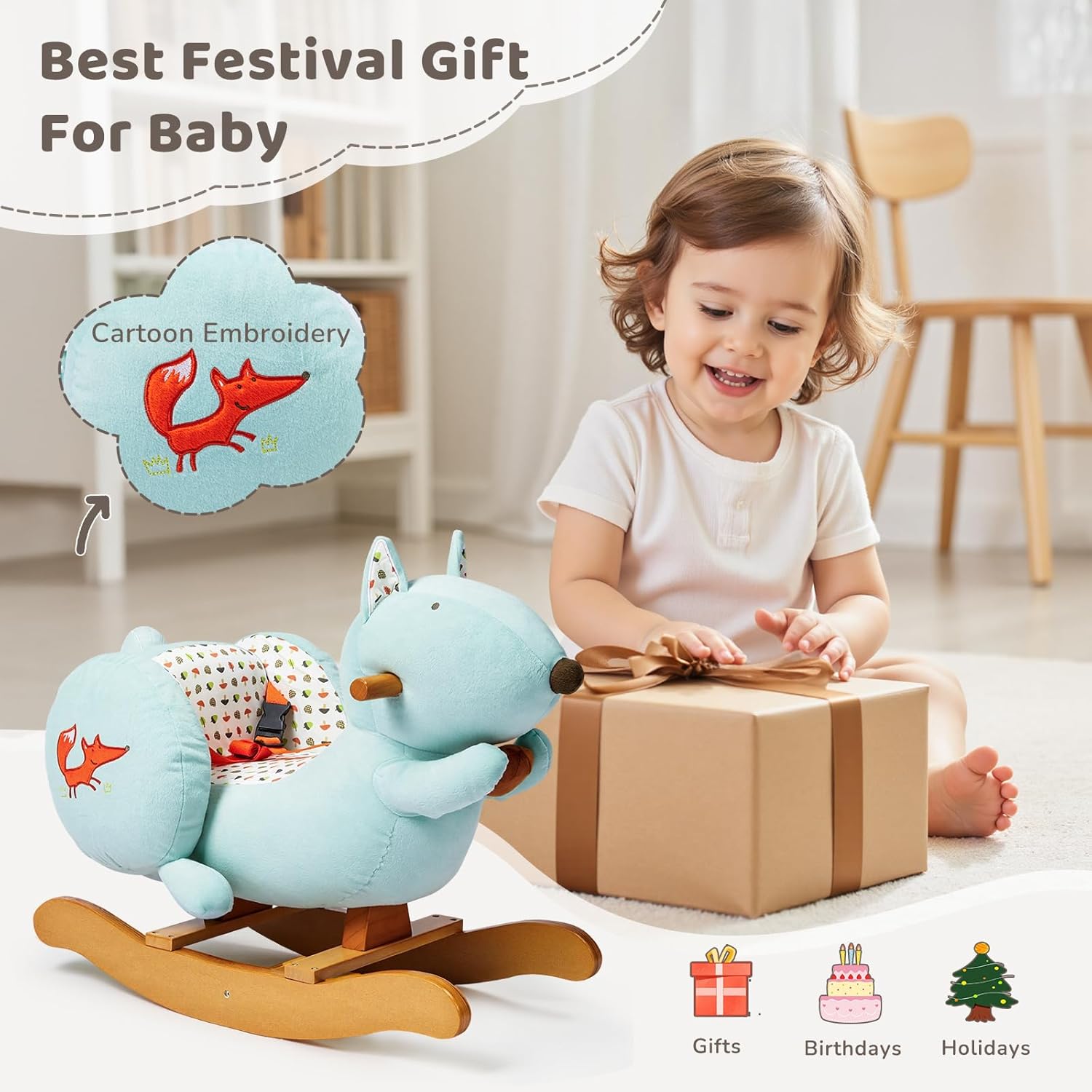 labebe Baby Rocking Horse, Blue Squirrel Rocking Horse for Toddler 1-3 Age Boy&Girl, Plush Rocking Squirrel with Seatbelt for 6 Months Babies, Children Ride-on Toy Wooden Animal Rocker