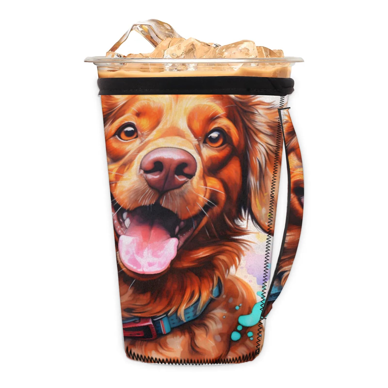 Cute Watercolor Dogs Reusable Neoprene Coffee Sleeve with Handle Insulated Iced Coffee Cup Holder Reduces Condensation Fits 24-28 oz Cups M