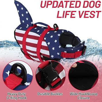 EMUST Dog Life Jacket, Ripstop Dog Lifesaver Vests with Rescue Handle for Small Medium and Large Dogs, Pet Safety Swimsuit Preserver for Swimming Pool Beach Boating (XS,FlagShark)