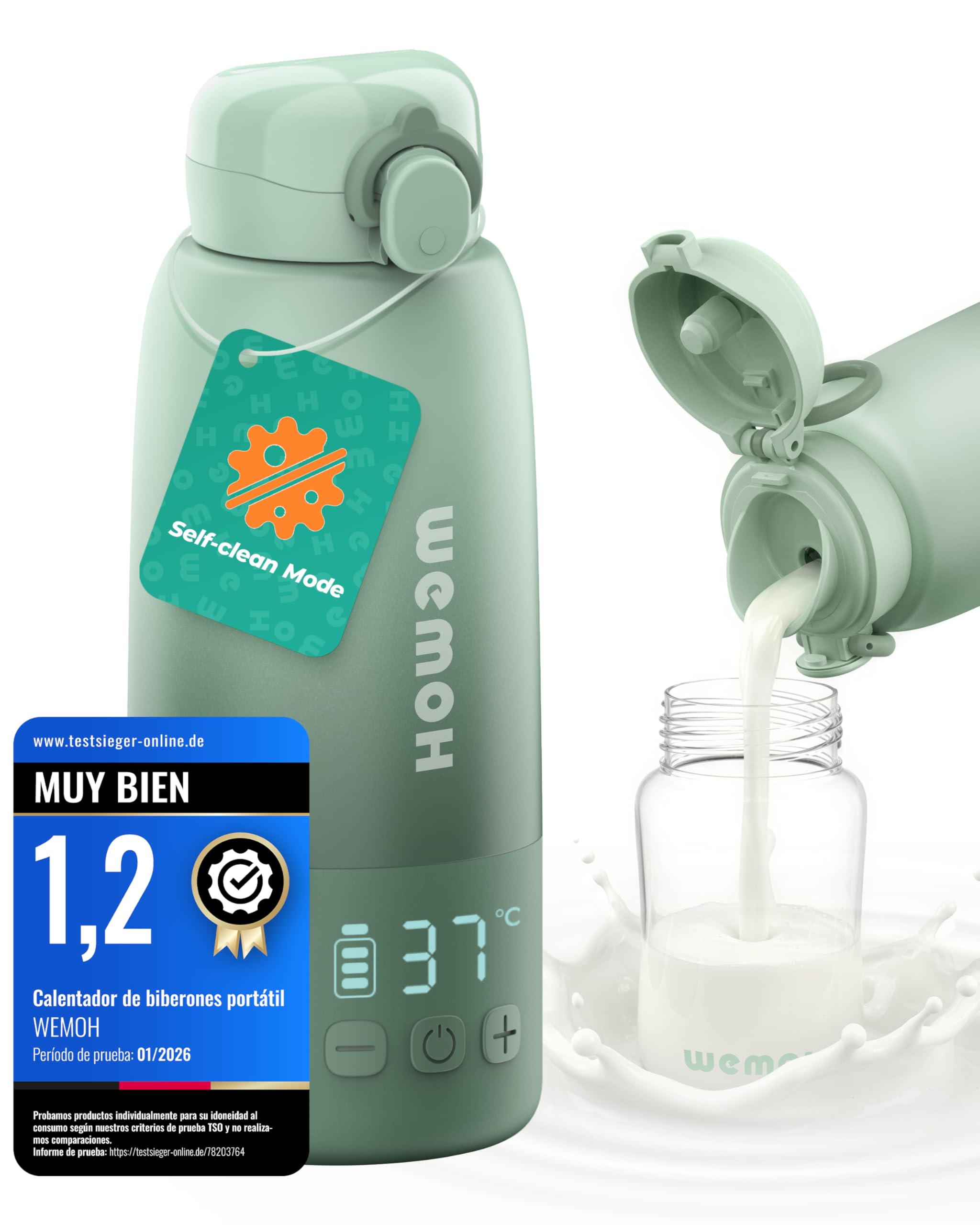 Calentador portátil de biberones Wemoh: cuenta con limpieza automática, control preciso de temperatura, gran capacidad de 450 ml y calentamiento rápido de 100 W.