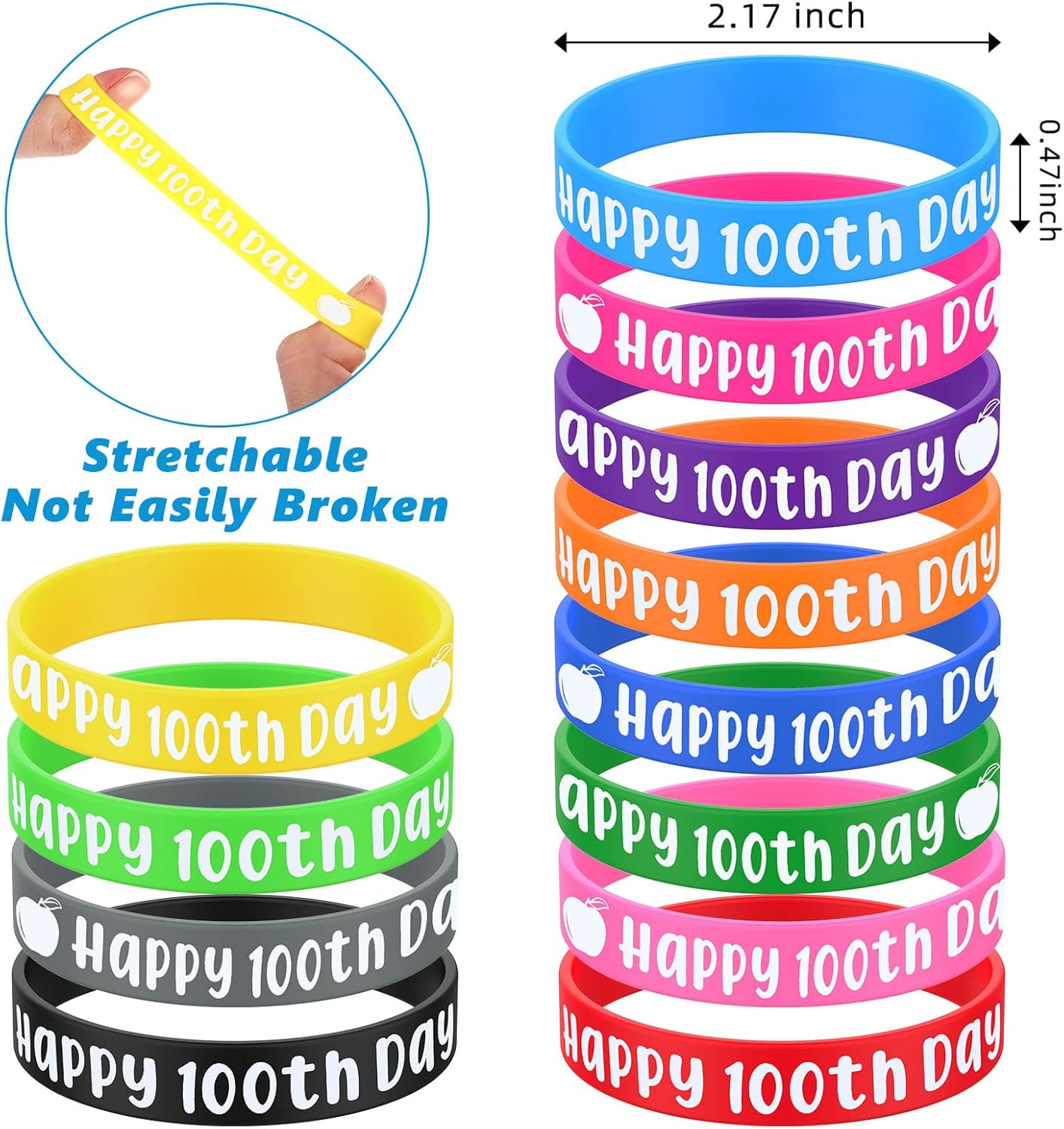 Sanwuta 72 Pieces 100th Day of School Silicone Bracelets Colorful Happy 100th Day Student Rubber Bracelets for School Party Supplies Decoration