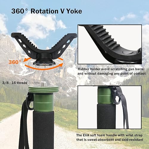 Vista 11 de HUNTPAL Shooting Stick Gun Rest Hunting Rifle Crossbow Tripod with Tiltable and Horizontally Rotatable Base, 21"-65" Portable Aluminum Shooting Palo