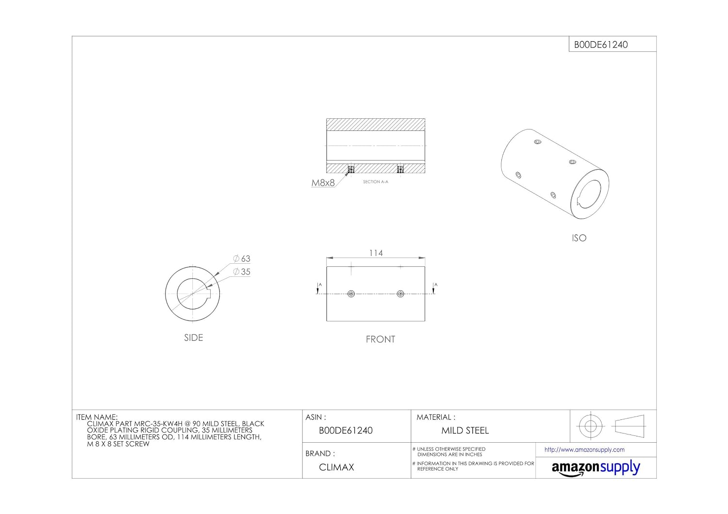 Climax Part MRC-35-KW4H @ 90 Mild Steel, Black Oxide Plating Rigid Coupling, 35 millimeters bore, 63 millimeters OD, 114 millimeters Length, M 8 x 8 Set Screw