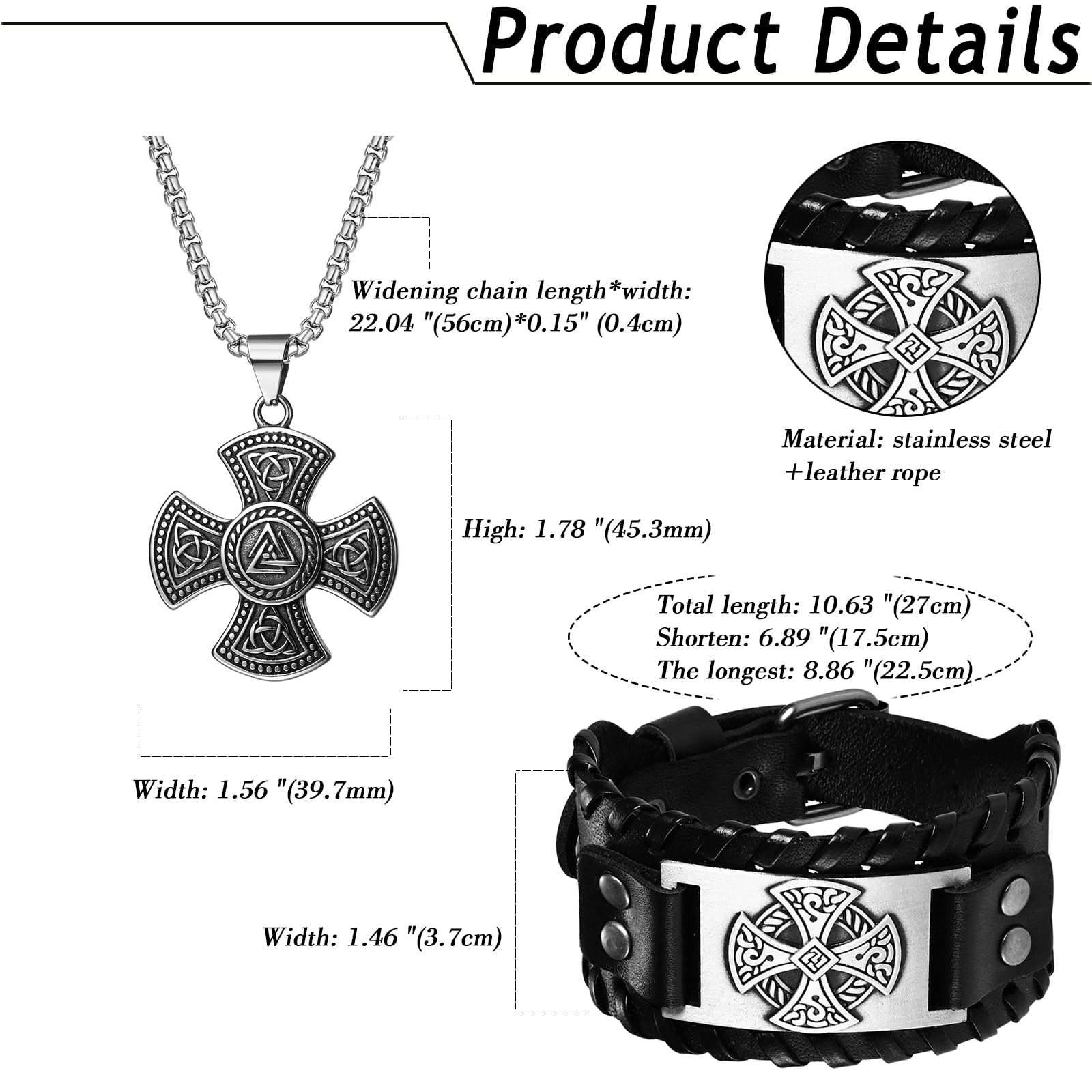 OIDEA Herren Halskette Armband Set, Kette aus Edelstahl mit Keltischer Knoten Kreuz Spielkarte Anhänger & Breit Armband aus Echtleder, Gold Silber