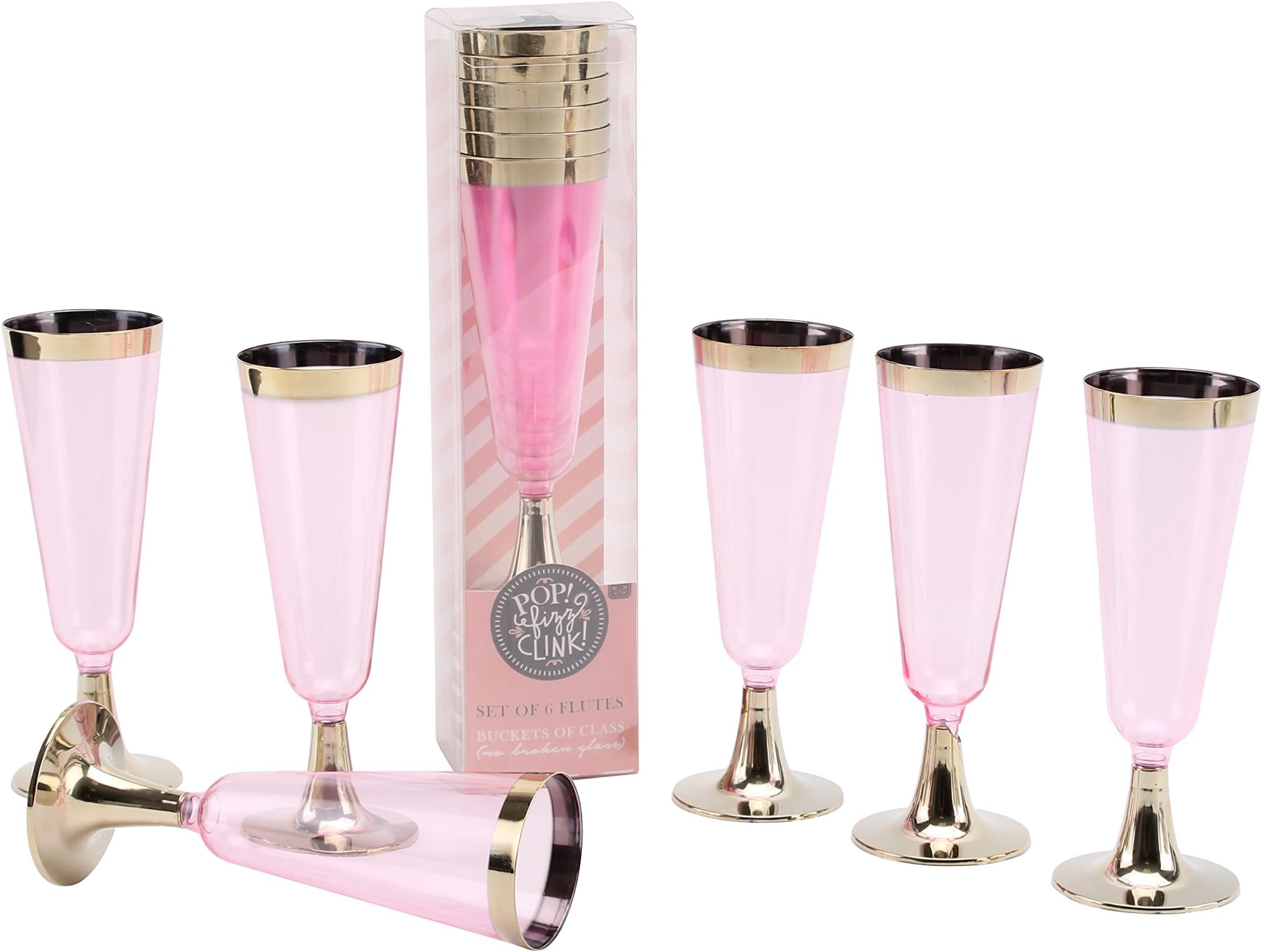 Set of 6 Pink Plastic Party Flutes Prosecco Glasses H16cm Disposable
