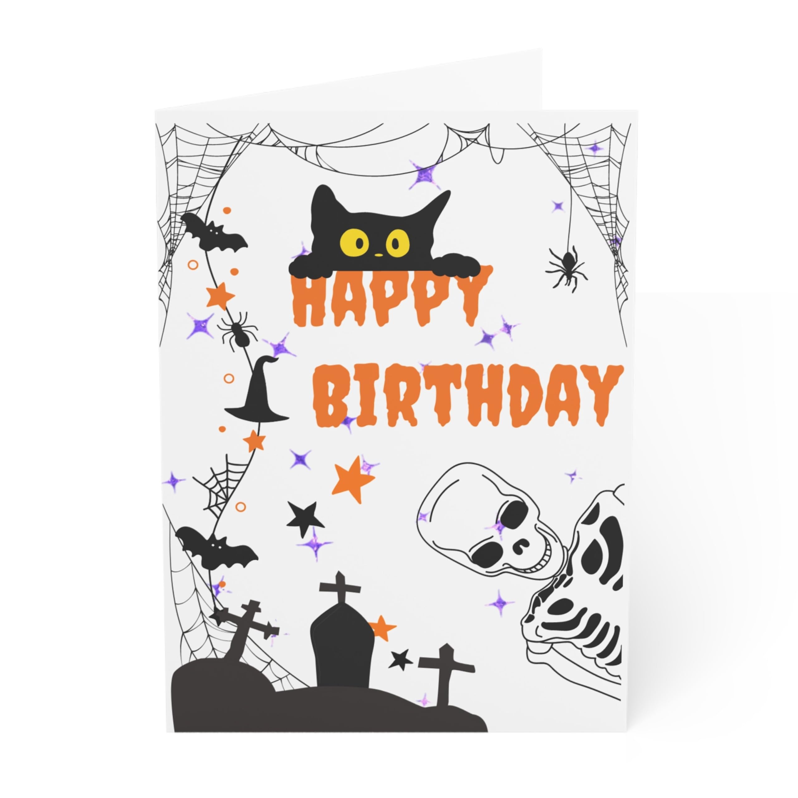 Cute Halloween Birthday Card, Spooky Birthday Card for Children's Halloween, Sister, Friend, Classroom, Cute Cat, Skeleton, Spider Webs & Bats (Spooky)