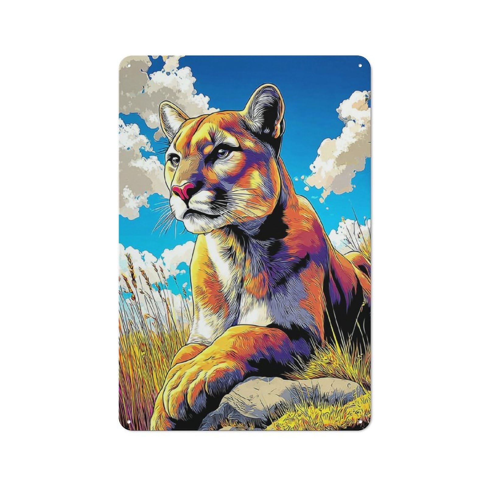 Junmoney Mountain Lion In Wild Landscape -1 Character Decorative Tin Plaque 30X20cm Featuring Small Space Decor For Bedroom, Kitchen, Office Or Living Room