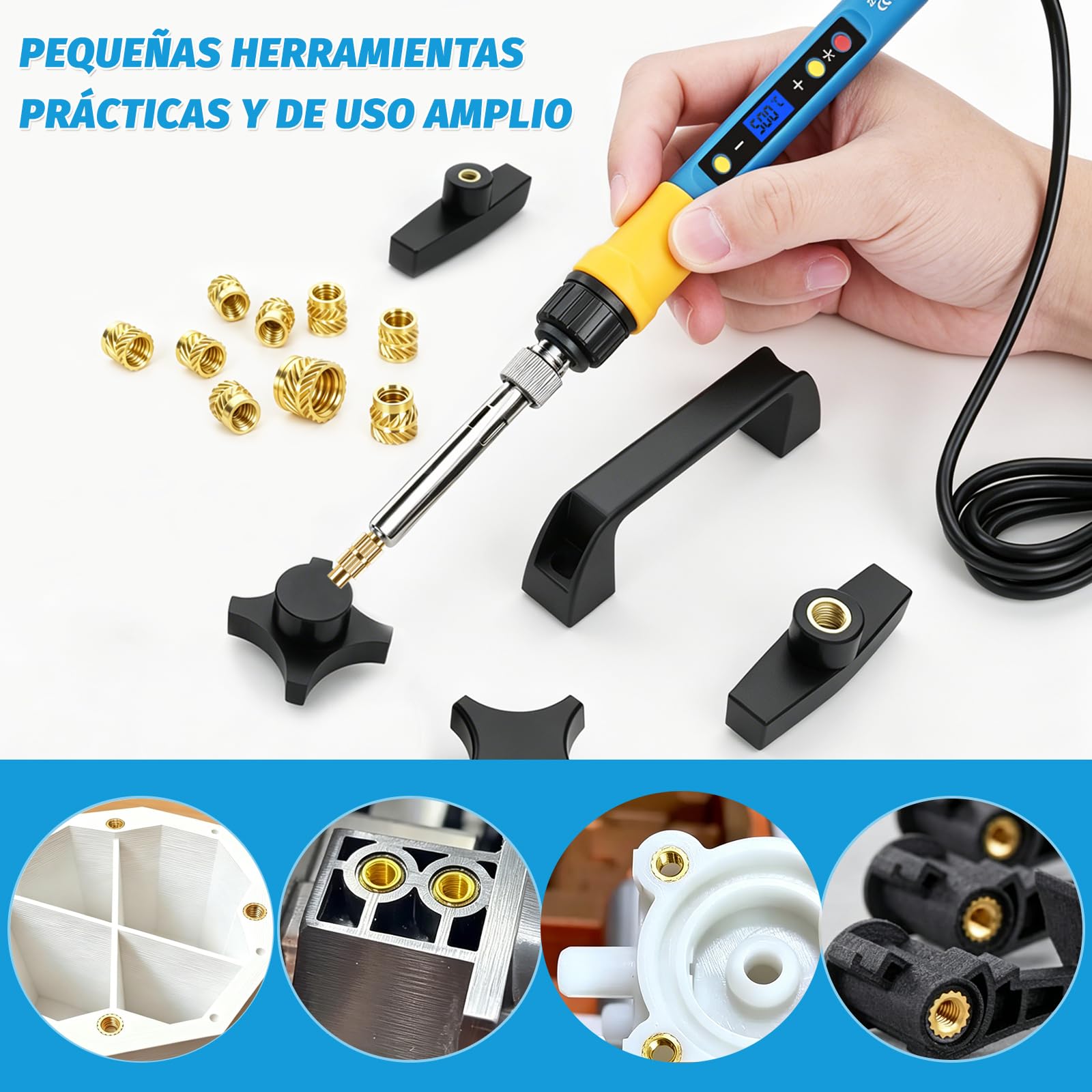 Insertos Roscados 400 pcs con Soldador 80W, Temperatura Ajustable 180–500°C, 7 Puntas, M2/M2.5/M3/M4/M5/M6/M8 para Impresión 3D y Plástico