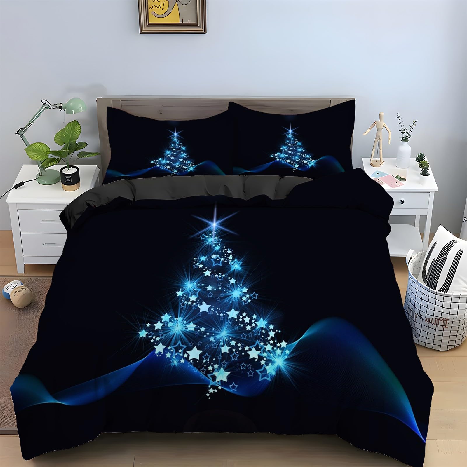 Parure de lit 160x200 bleu avec housse de couette microfibre douce motif sapin de Noël hiver