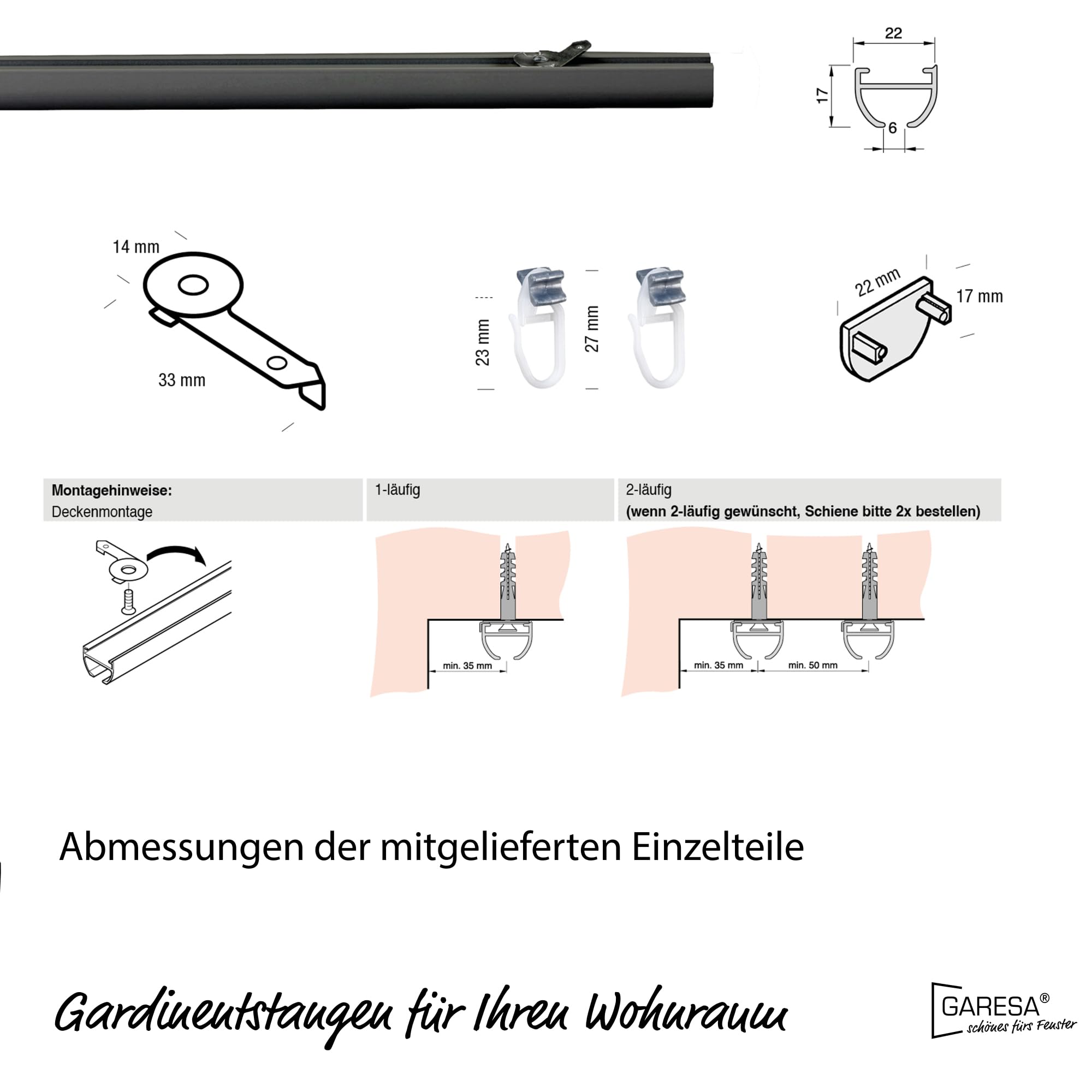 Garesa Gardinenschiene Profil 400, 1-läufig, Schwarz I Aluminiumschiene inkl. Gleiter I Deckenmontage I Halbrunde Vorhangschiene I 120cm