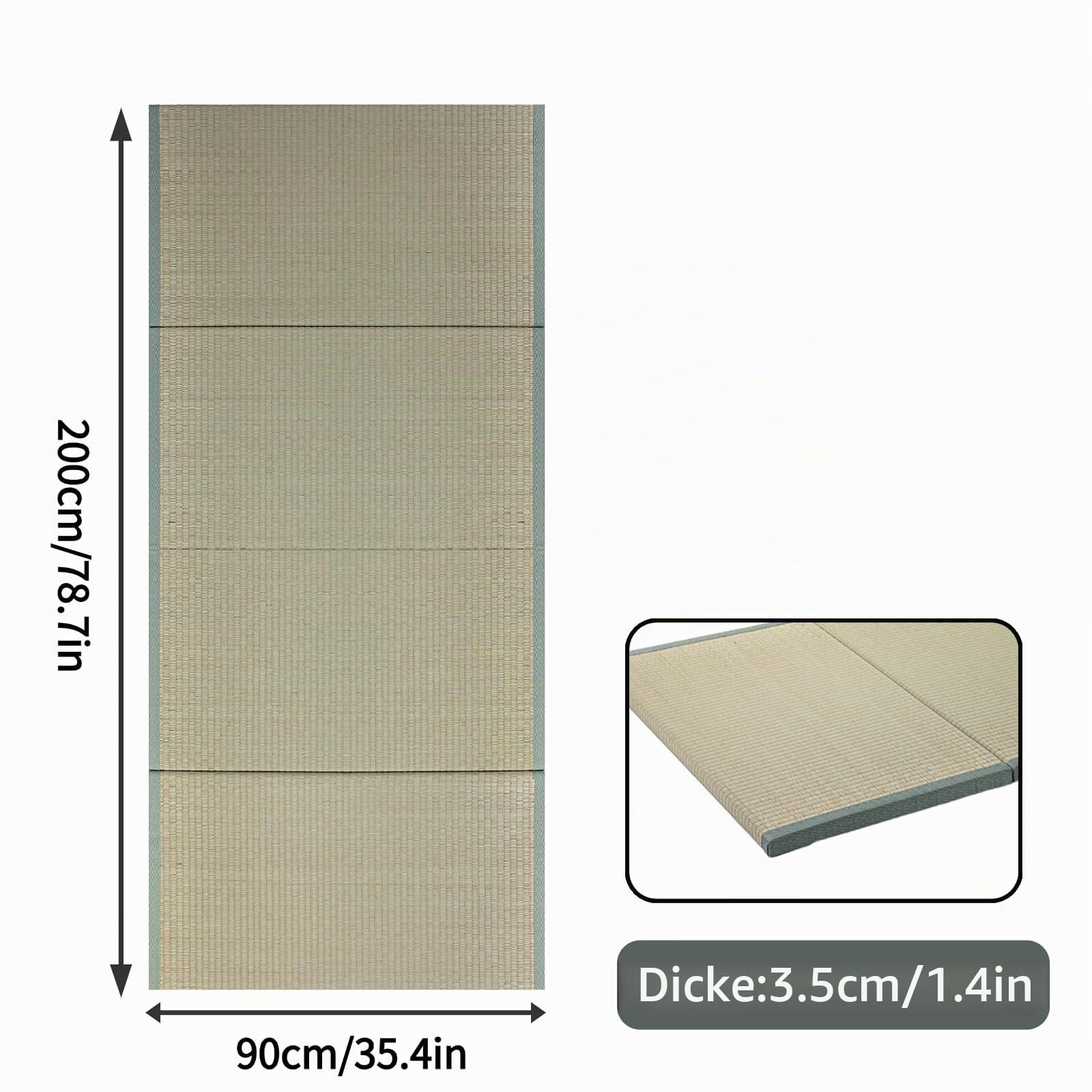 Japanische Tatami Matte 90x200 cm, Faltbare Igusa-Matratze, Dickere 3,5 cm, Bodenmatte für Schlafen, Area Teppich, Meditation, Yoga, Zen, Futon Boden, Grün