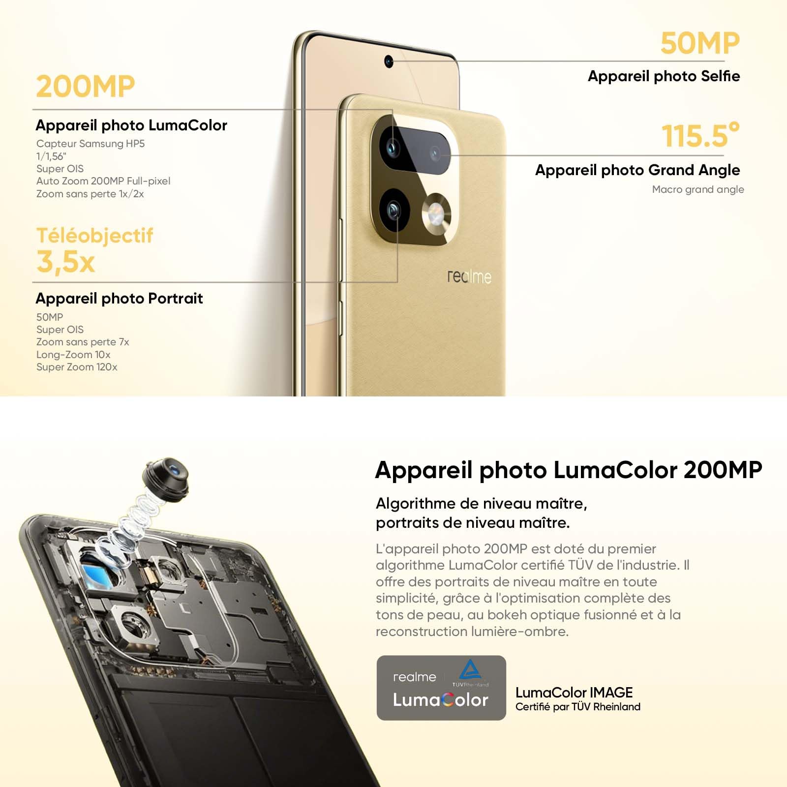 realme 16 Pro+ 5G Smartphone 12Go + 512Go, Caméra LumaColor 200MP + 50MP, Téléphones Portables Débloqués Snapdragon® 7 Gen 4, Batterie 7000mAh avec Charge Rapide 80W, 6,8" 144Hz AMOLED Écran, Or