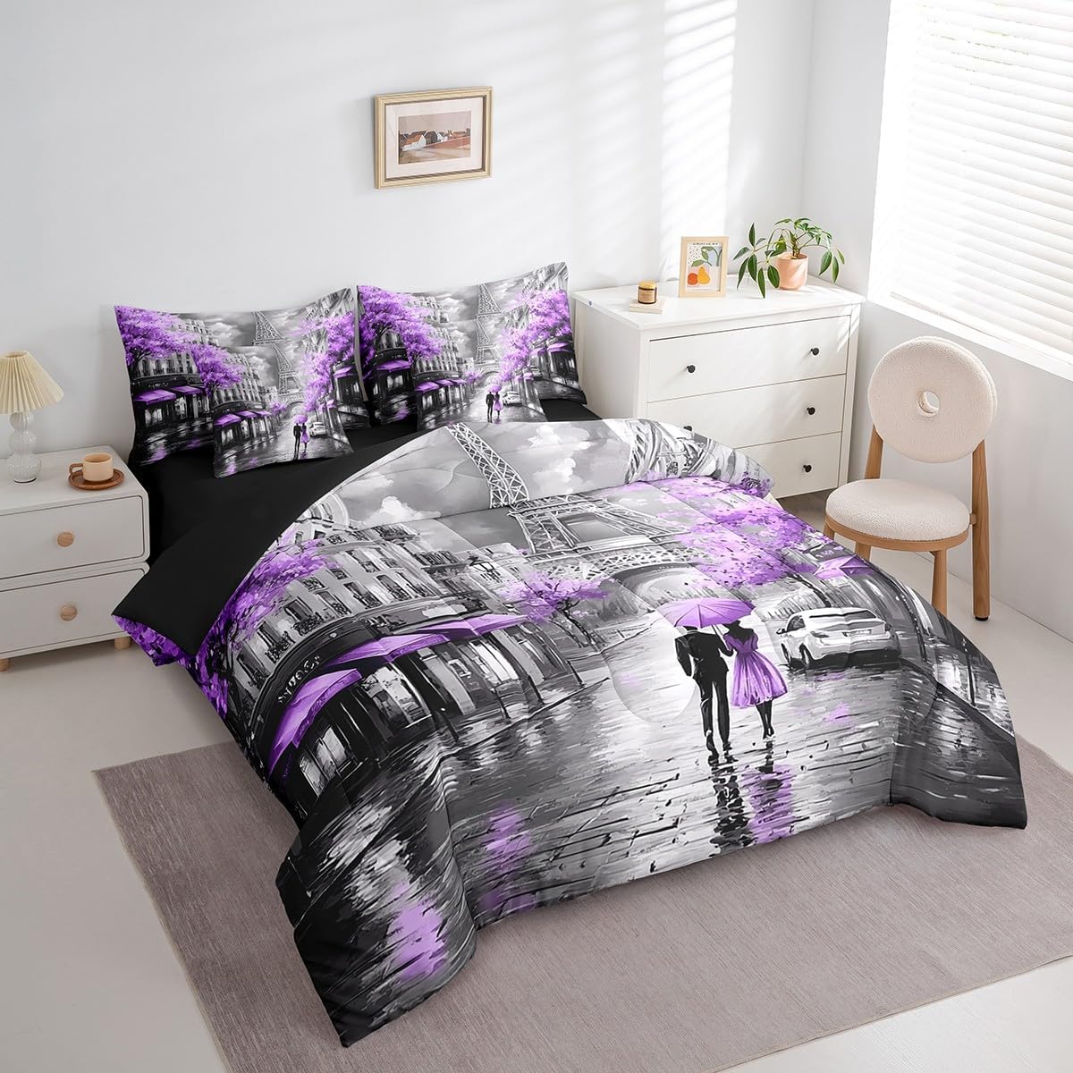 Erosebridal Eiffel Tower King Comforter Set 7 Piece,French Paris Bed in a Bag with Sheet Set for Women Girls Lover,Romantic City Bed Sheets,Watercolor Oil Painting Paris Bedding Set,Purple Valentine