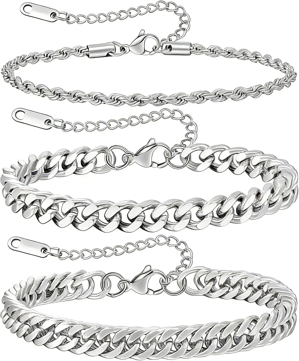 JEMARA Pulsera para hombre de acero inoxidable de 3 piezas | Conjunto de pulsera de cadena cubana de plata resistente ajustable para hombres