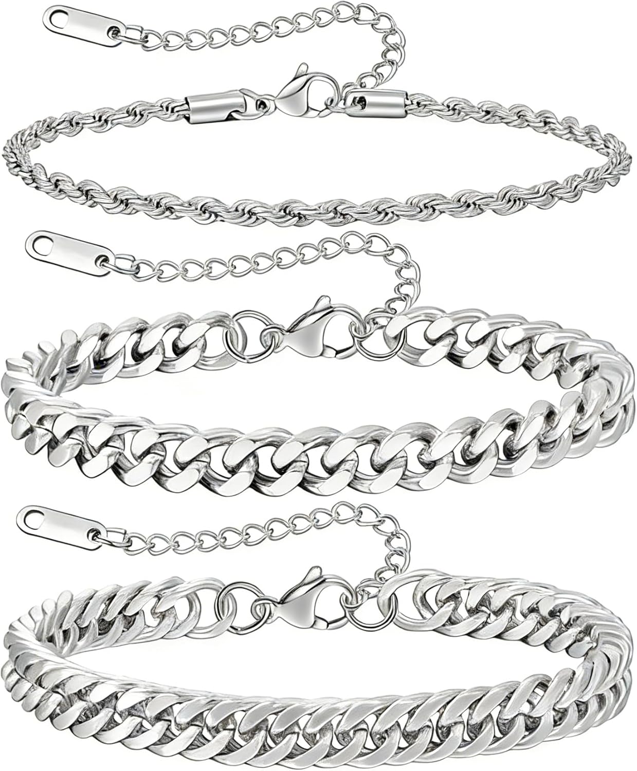 3Pcs Stainless Steel Mens Bracelet,Adjustable Sturdy Silver Cuban Chain Bracelet Set for Men