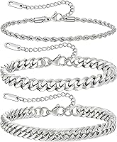 JEMARA 3-Pack Men's Stainless Steel Cuban Link Bracelets - Adjustable Silver Chain Set, Hypoallergenic & Durable