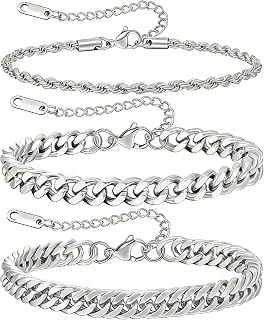 JEMARA 3-Pack Men's Stainless Steel Cuban Link Bracelets - Adjustable Silver Chain Set, Hypoallergenic & Durable