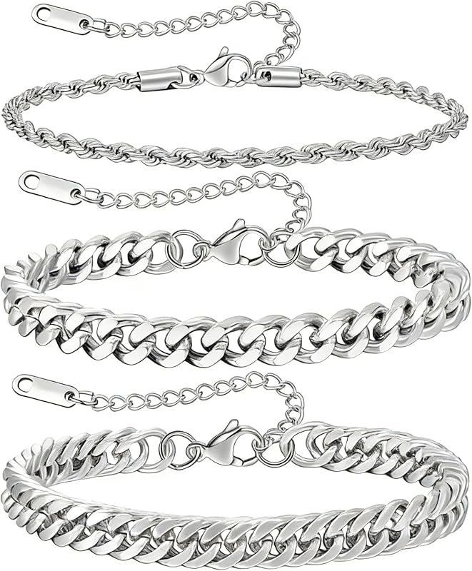 JEMARA Pulsera para hombre de acero inoxidable de 3 piezas | Conjunto de pulsera de cadena cubana de plata resistente ajustable para hombres