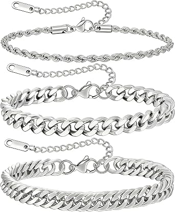 JEMARA 3 Pcs Mens Silver Bracelets, Sturdy Curb Stainless Steel Width Snake Rope Figaro Cuban Chain Bracelet Set 7/7.8+1.2inch