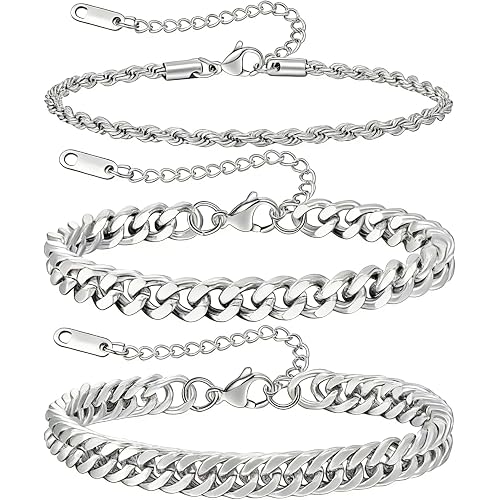JEMARA 3Pcs Stainless Steel Mens Bracelet,Adjustable Sturdy Silver Cuban Chain Bracelet Set for Men