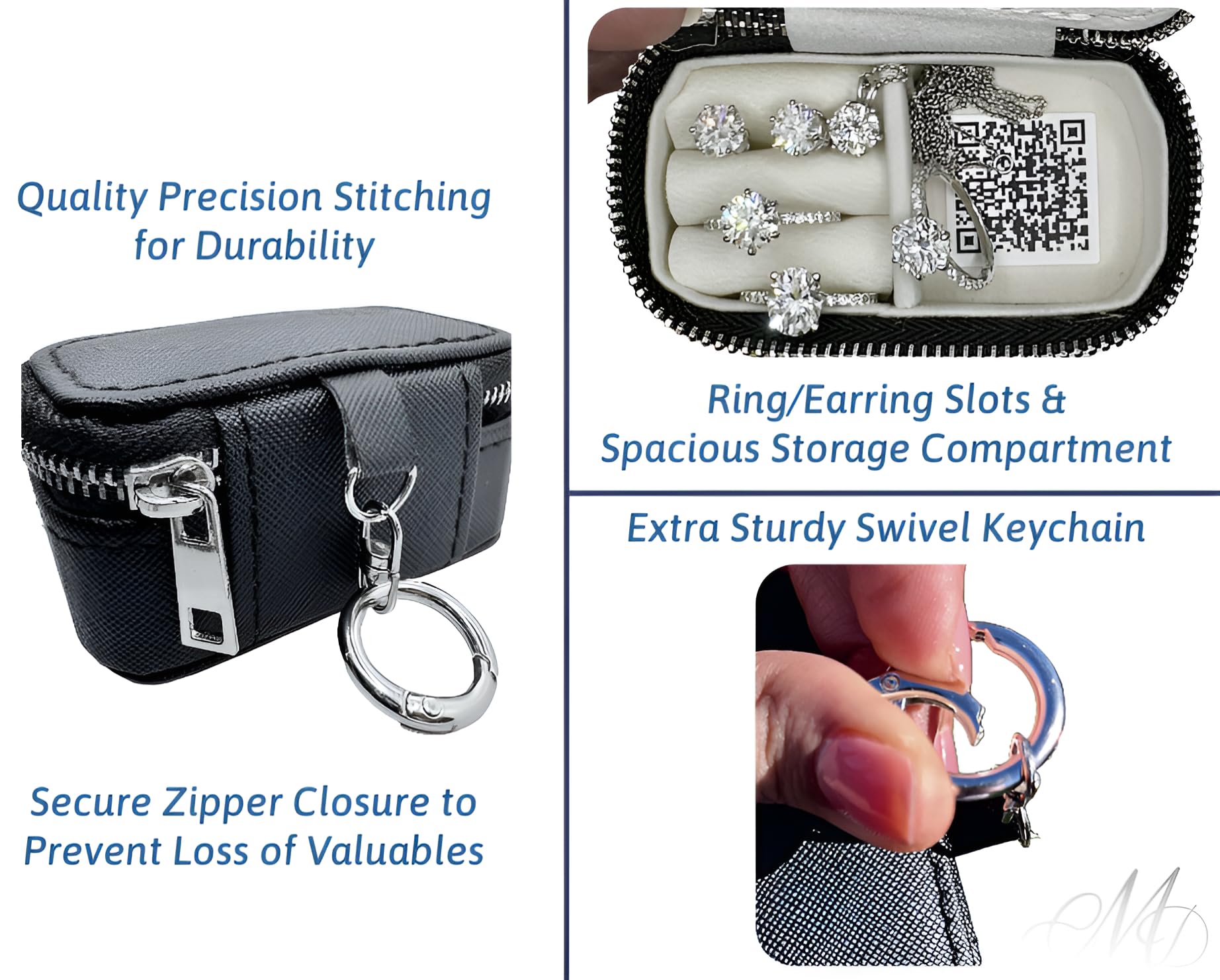 Travel Jewelry Holder with Secure Carabiner Keychain, Mini Ring Holder for Gym with Ring Lock, Portable Jewelry Storage with Zipper Closure, Rings Earrings Necklace Organizer Keychain Jewelry Case