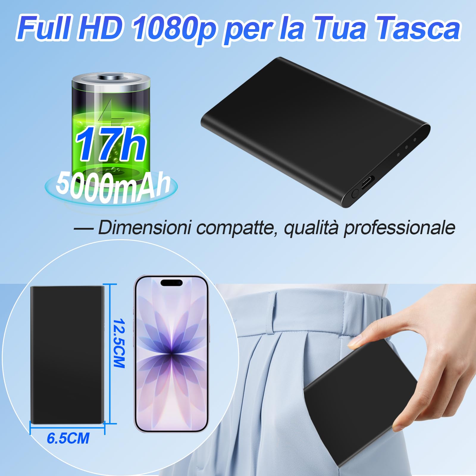 Telecamera Spia Power Bank 1080P 5000mAh, 17h registrazione | 2-in-1, Portatile, registrazione in loop, visione notturna, compatto,Tascabile