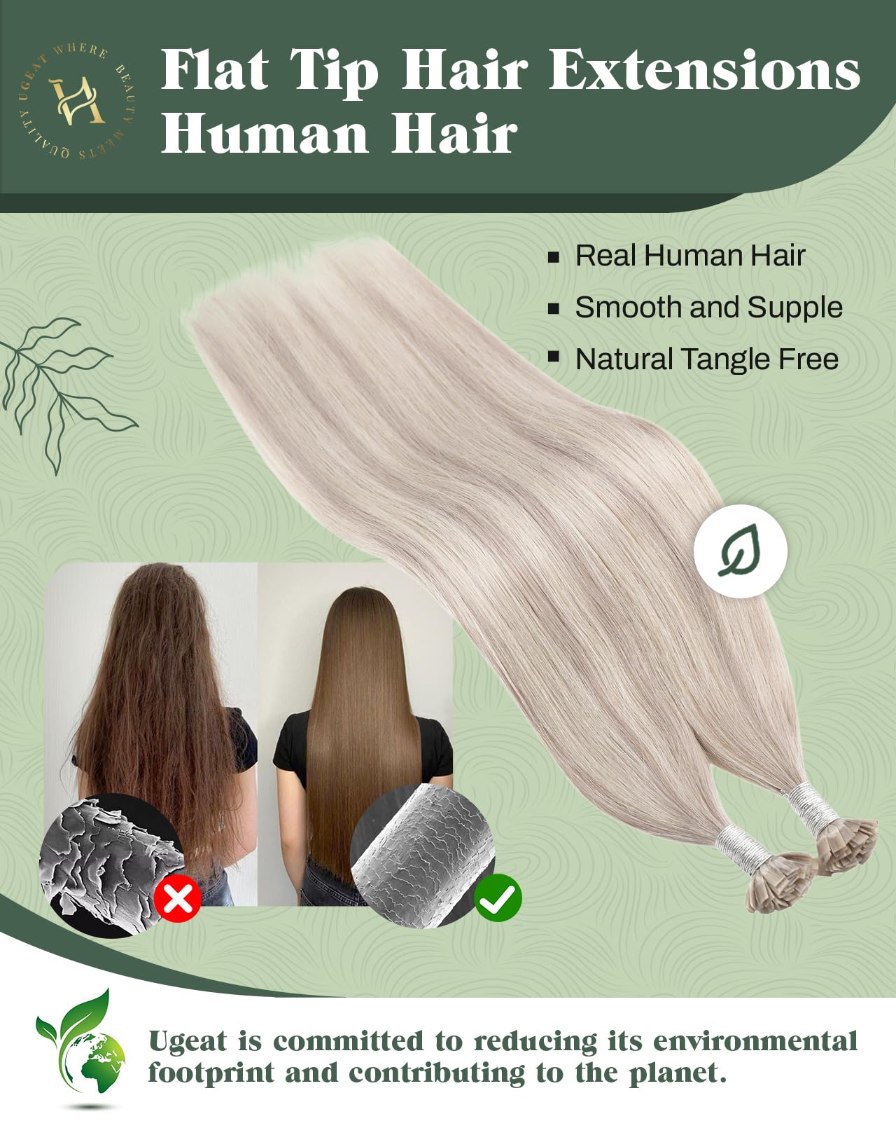 Ugeat Przedłużenia keratynowe z naturalnych włosów z końcówką w kształcie keratyny, włosy ludzkie, 50 g, 50 g, #P18/613, jasny blond