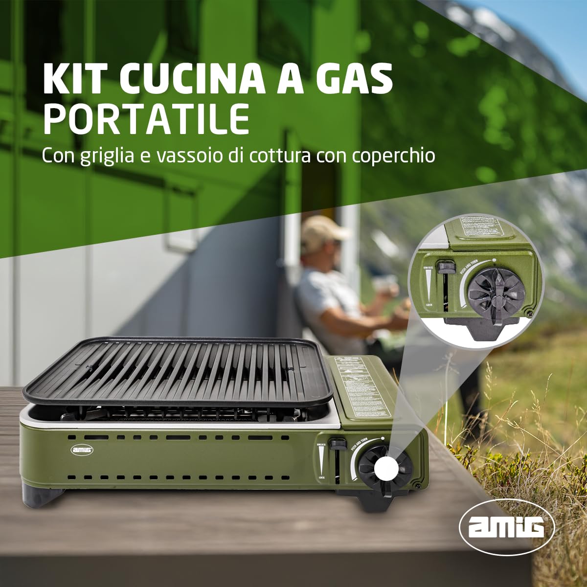 Amig - Cucina a gas da campeggio BBQK01- Kit fornello grill portatile - Griglia in alluminio pressofuso + piastra con coperchio di cottura - Vaschetta raccogli grasso - 1,8 kW - Cartucce B-250