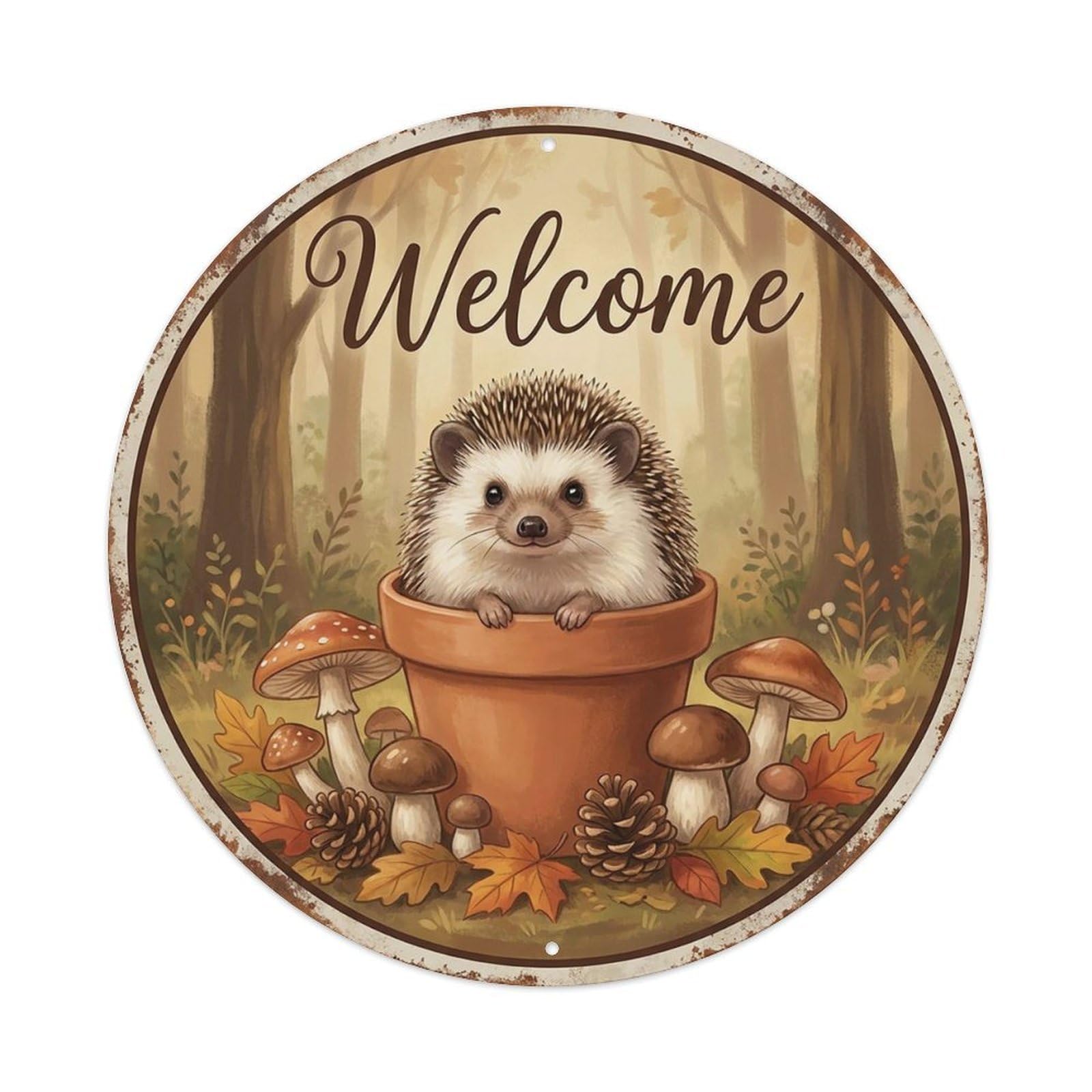 Vintage Welcome Hedgehog Mushrooms Vintage Metal Tin Sign Plaque Wall Decor for Cafe, Club Bar, Office, Garden Metal Poster 8x8Inch