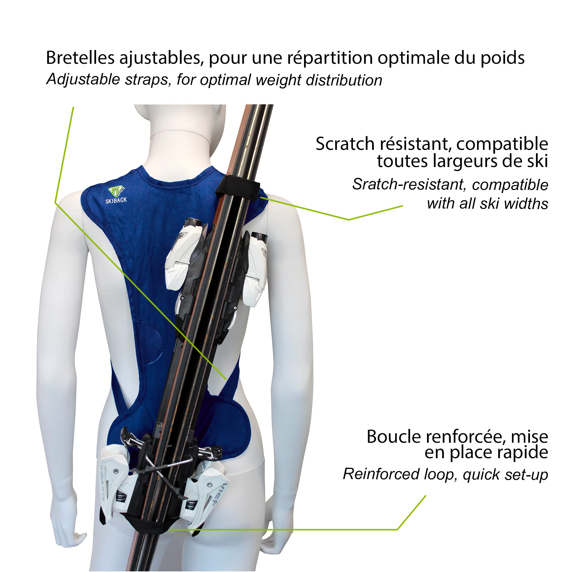 Wantalis - Skiback Kid - Un Produit révolutionnaire pour Porter Vos Skis en libérant Vos Mains - Bretelles adaptables et réglables - Taille Enfant 1m30 Maxi