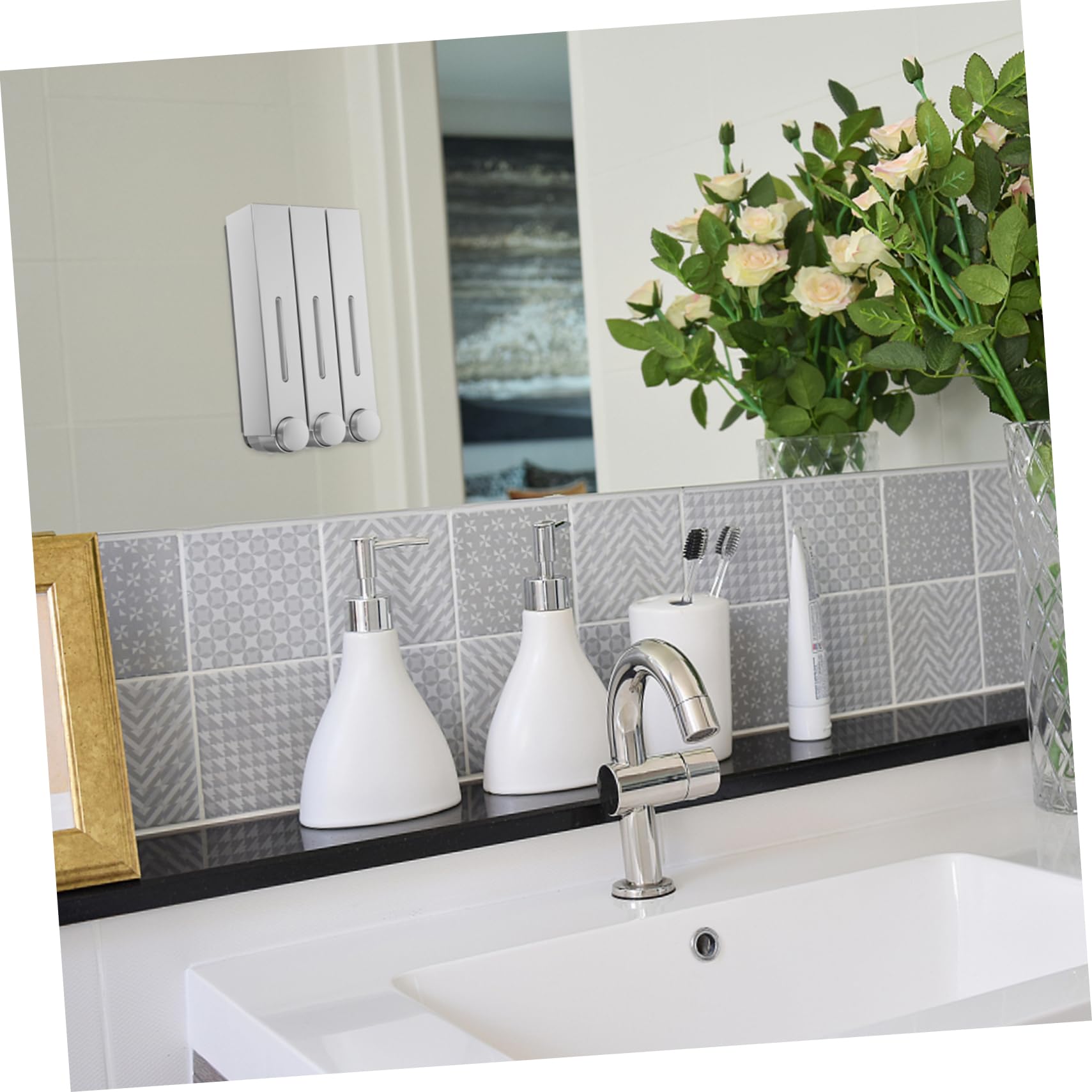 DECHOUS Dispenser di Sapone da Parete Manuale a 3 Camere, Design Argentato, Abs e Pvc, per Shampoo e Bagnoschiuma in Bagno e Doccia